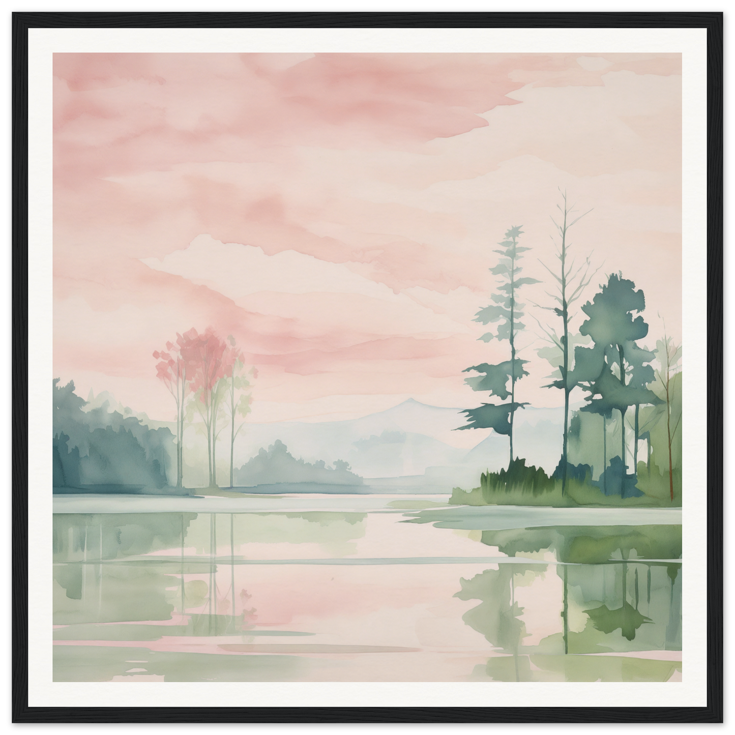 Watercolor painting of a serene lake with pine trees, perfect for nursery decor
