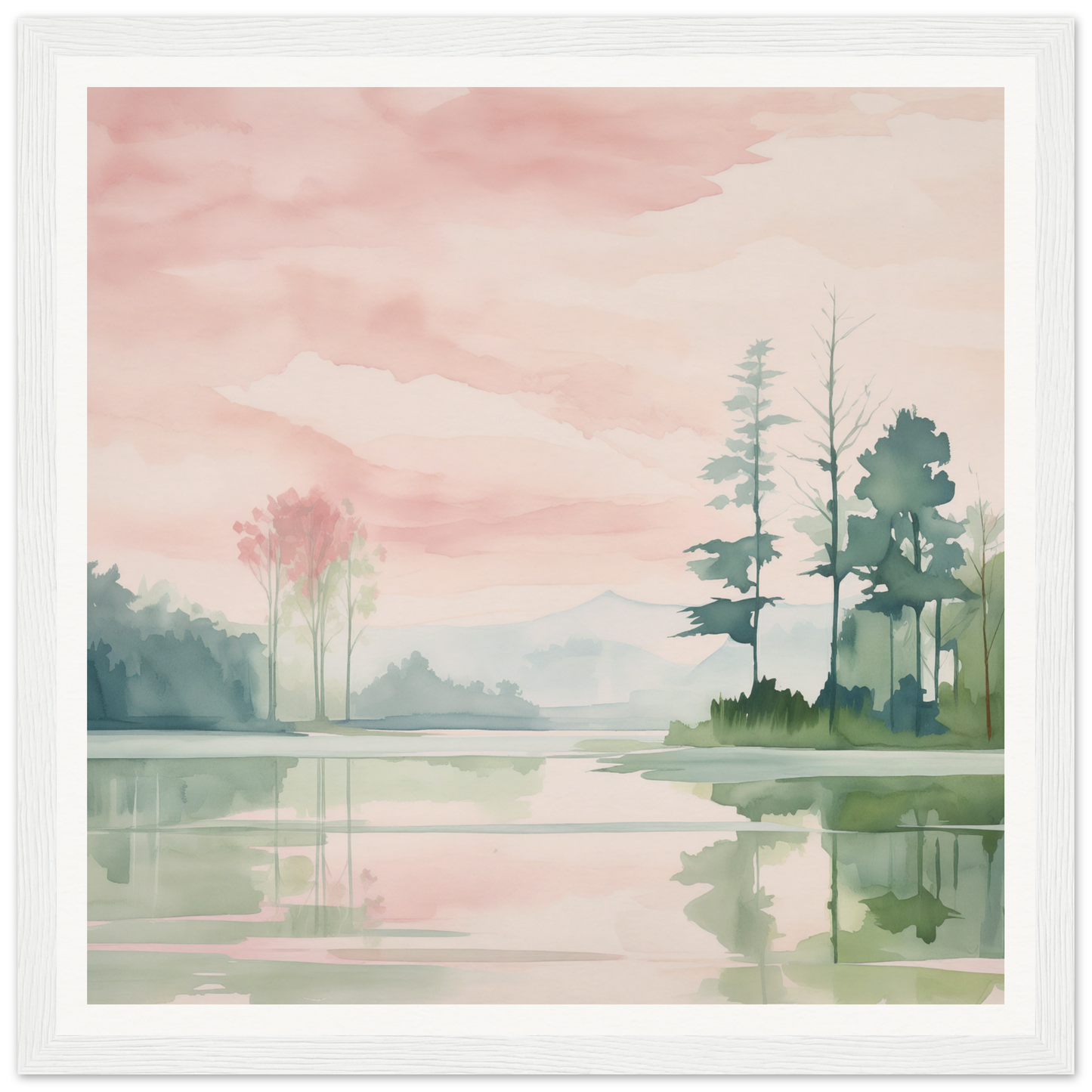 Watercolor sunset lake with pine trees, perfect for nursery wall art or decor