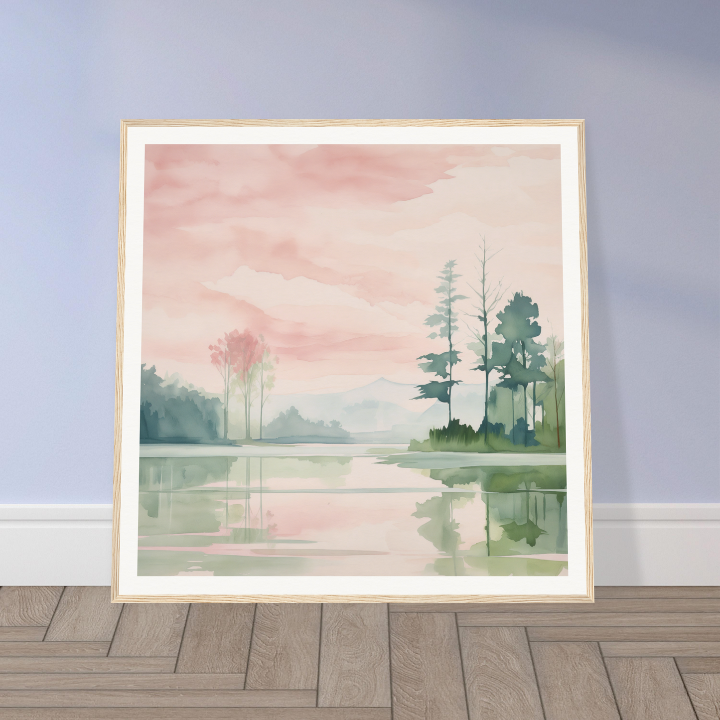 Framed watercolor painting of a serene lakeside for nursery wall art decor