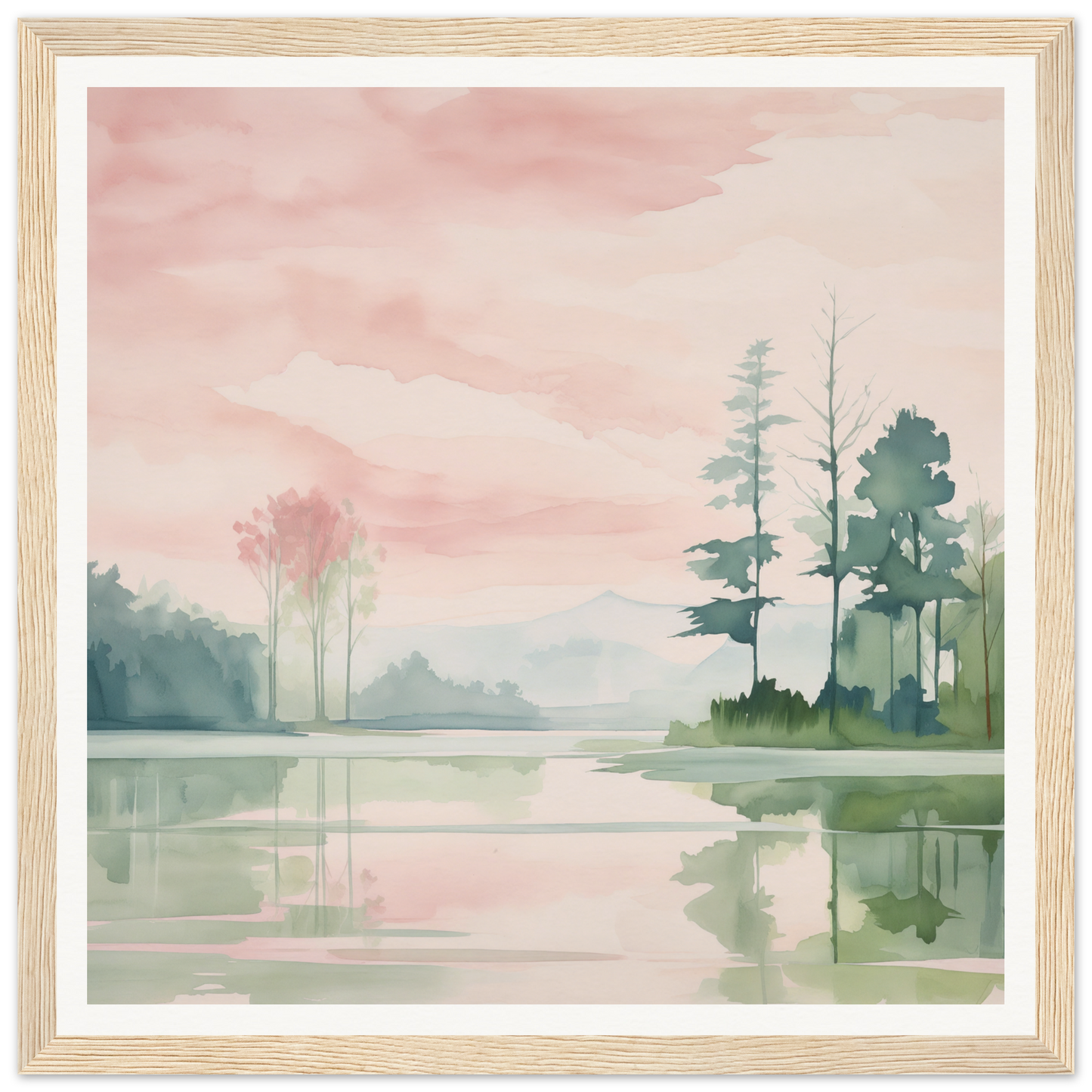 Watercolor nursery wall art of a serene lake and pine trees under a pink sky