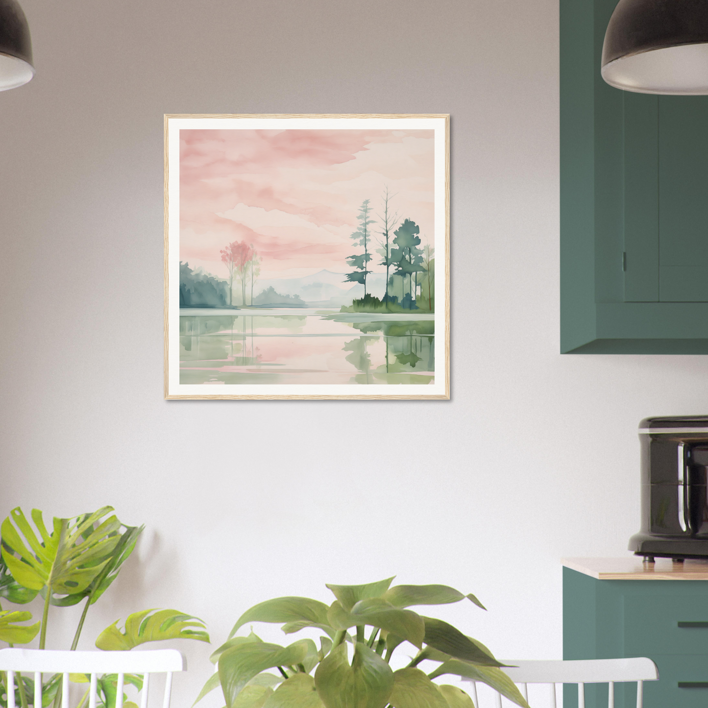 Framed watercolor lakeside sunset painting perfect for nursery wall art or decor