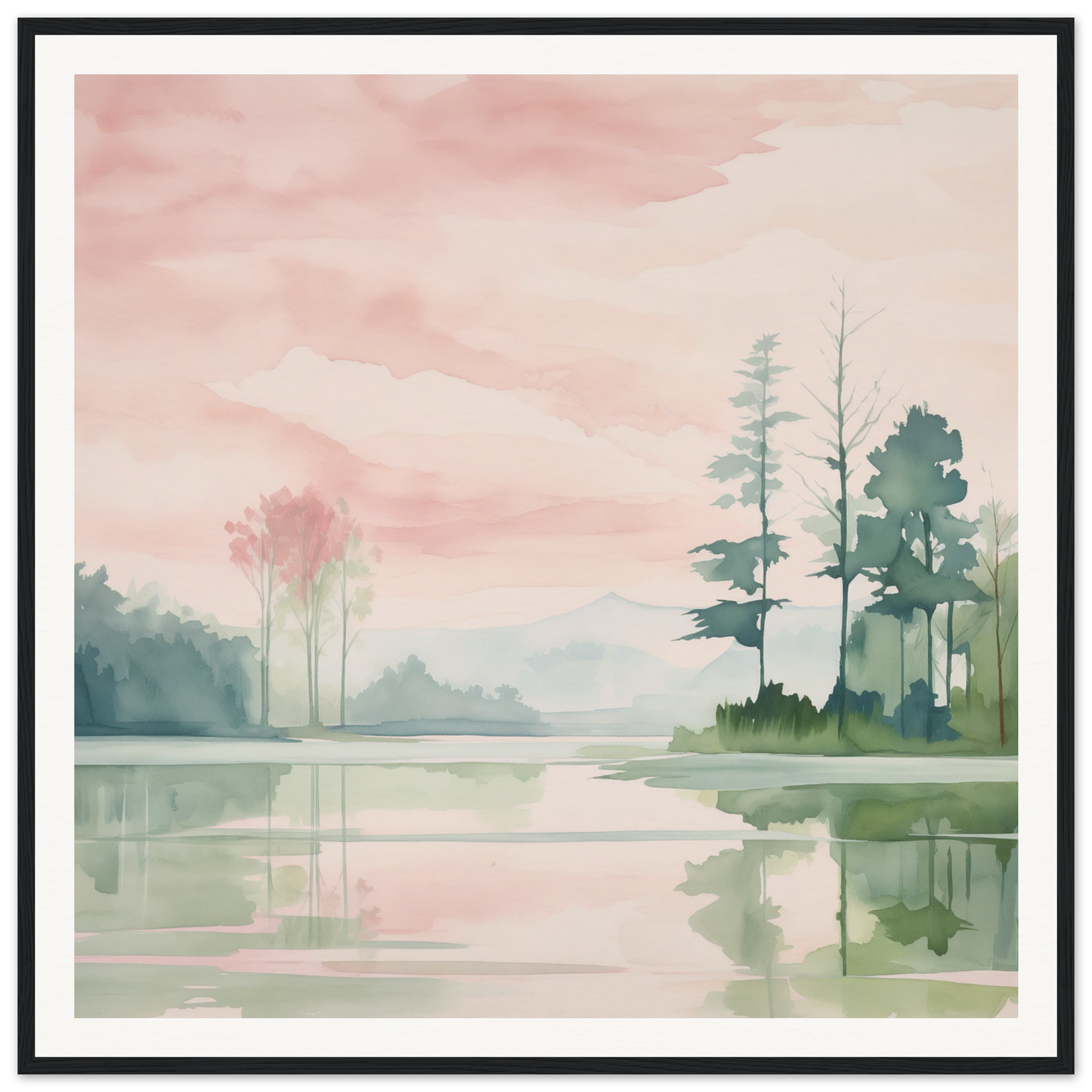 Watercolor painting of a sunset lake with pine trees, perfect nursery wall art