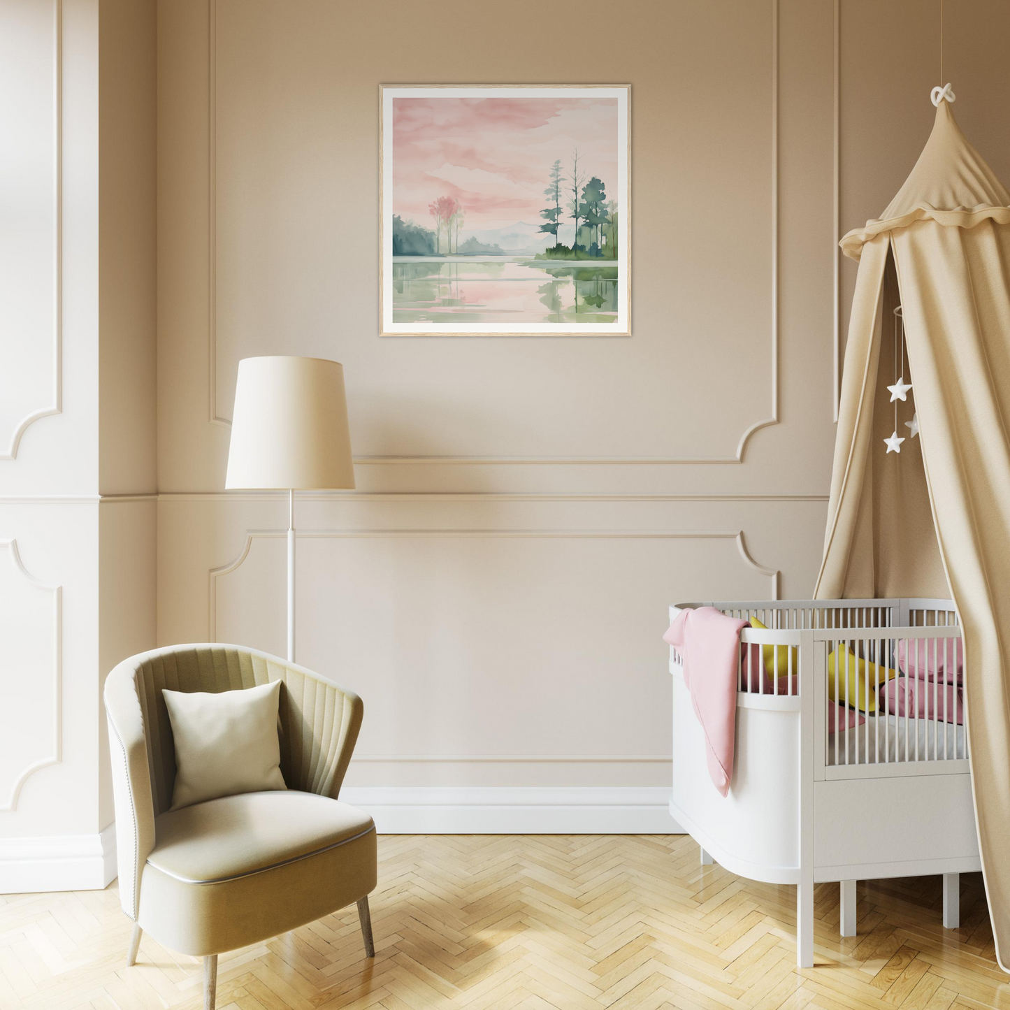 Modern white crib with beige canopy perfect for nursery decor and complemented by framed poster