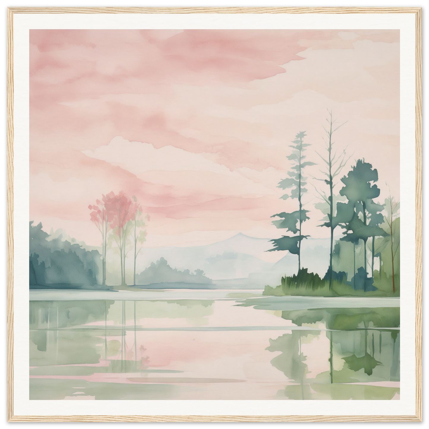 Watercolor painting of a serene lake and trees at sunset for nursery wall art