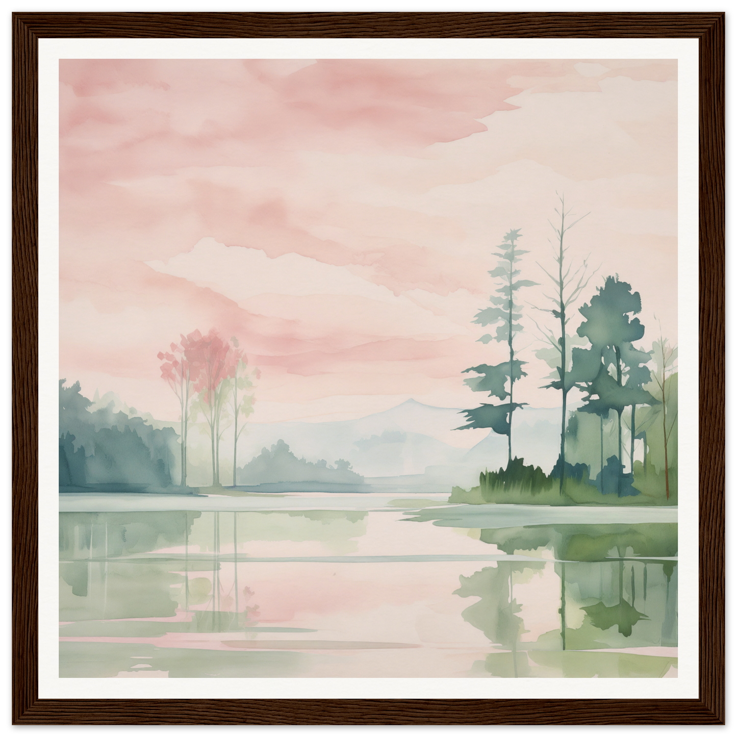 Watercolor painting of a serene lake with pine trees for nursery wall art decor