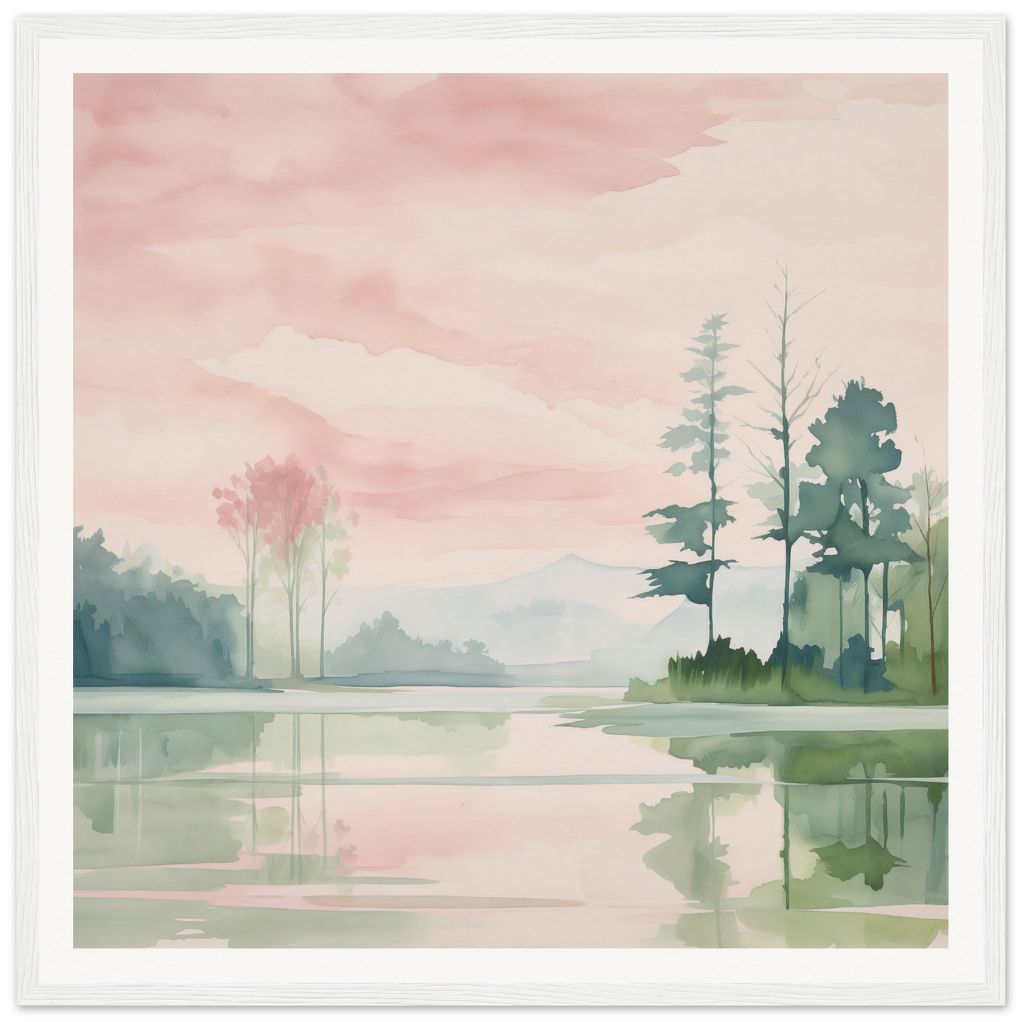 Watercolor painting of a serene lake sunset for nursery wall art or decor