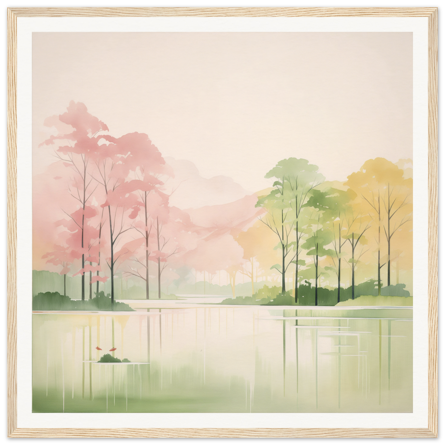 Watercolor painting of a misty lake for nursery wall art or framed poster decor