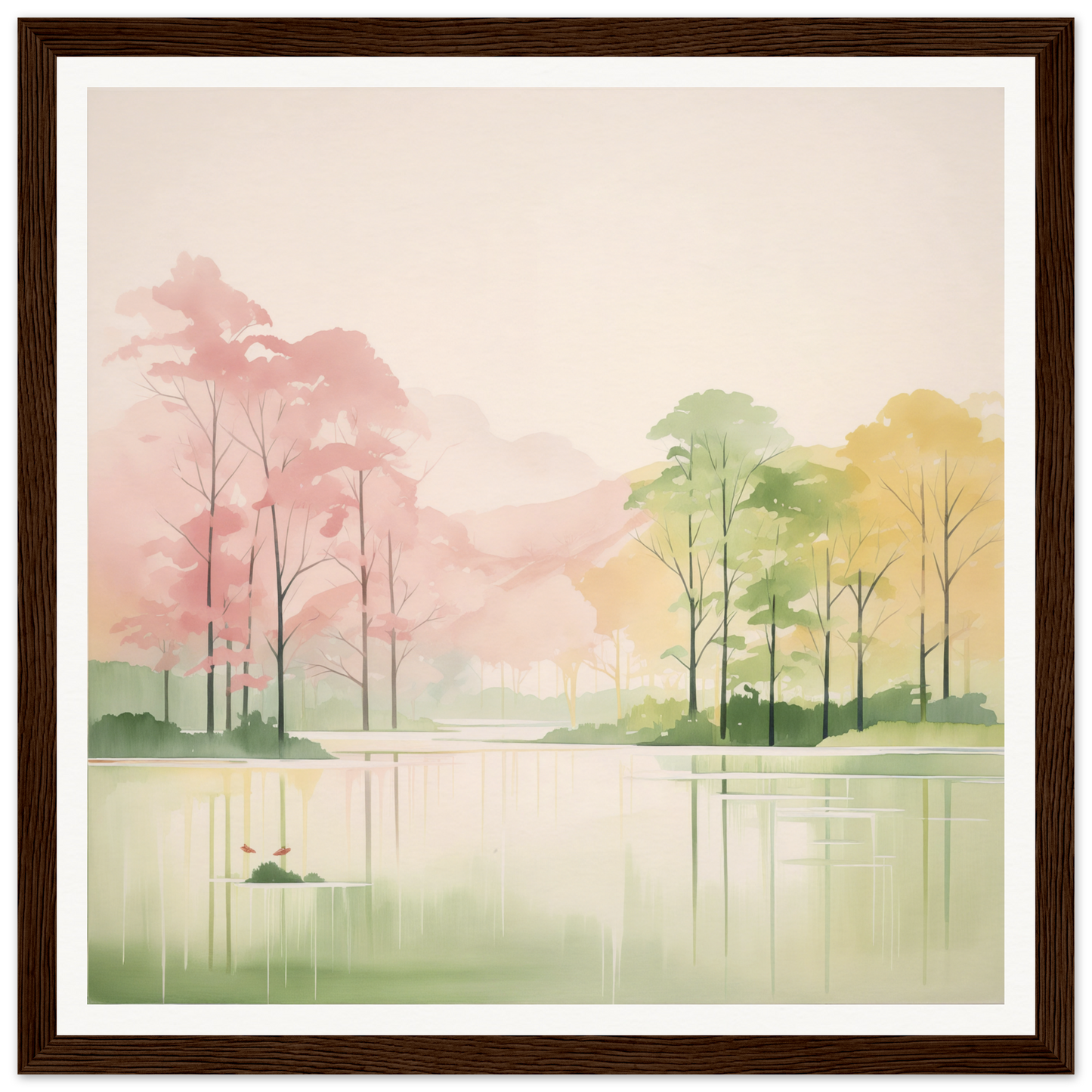Watercolor painting of a serene lake for nursery wall art or framed poster decor