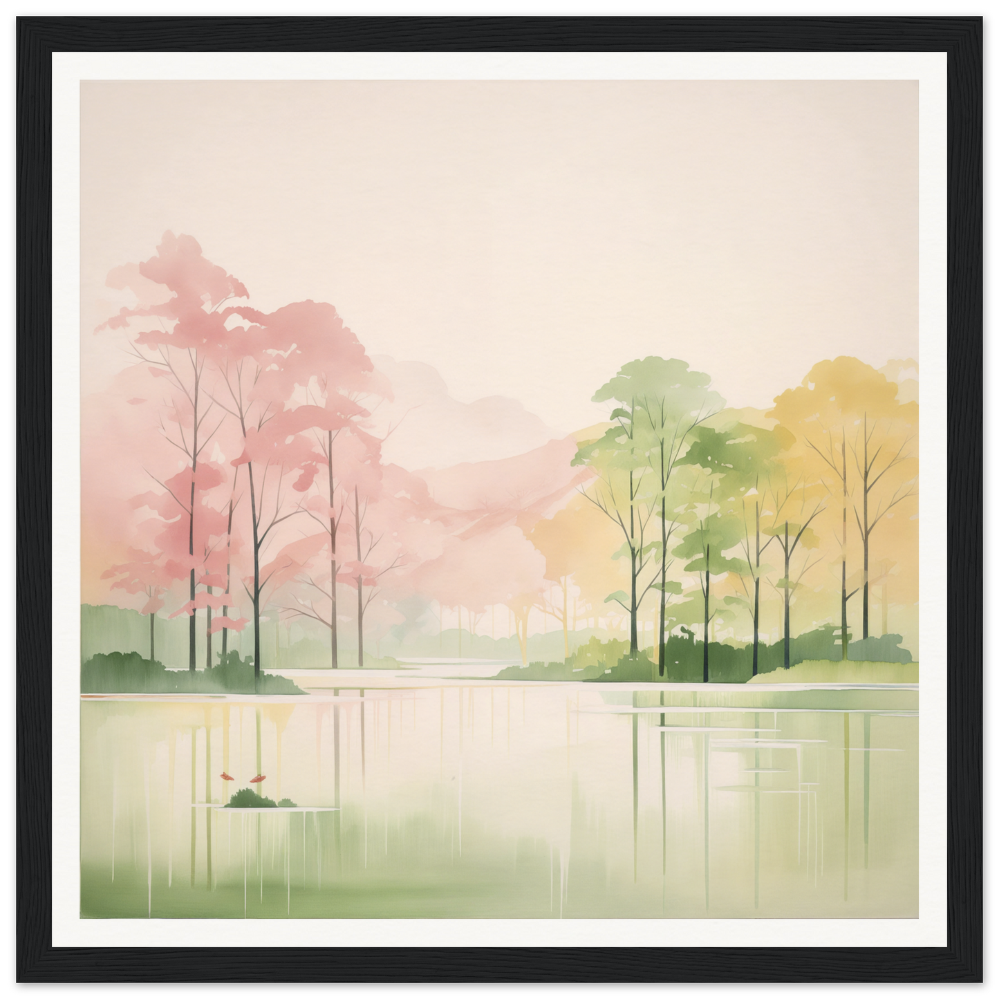 Watercolor painting of a misty lake for nursery wall art or decor in soft hues