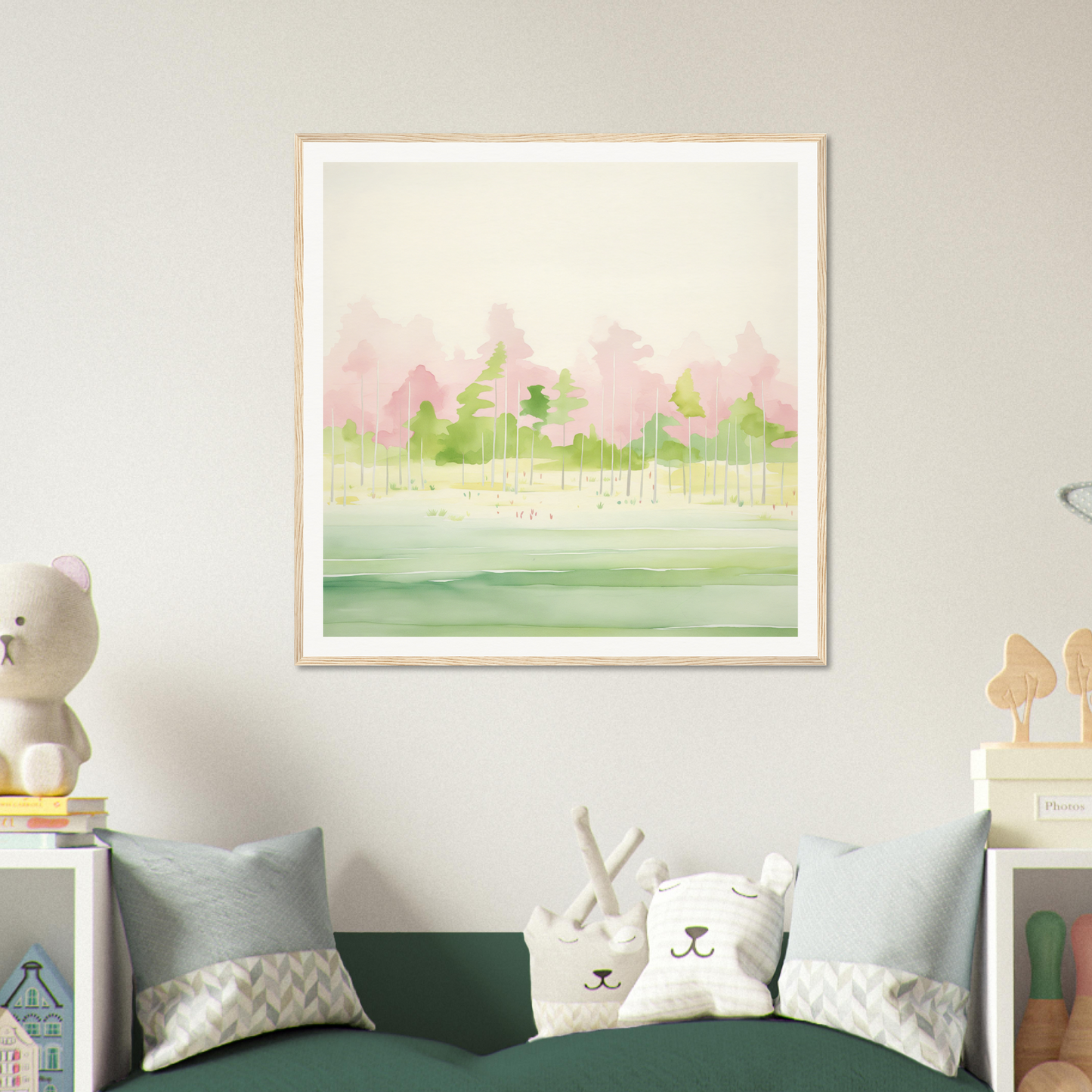 Framed watercolor painting of a pastel landscape for nursery wall art and decor