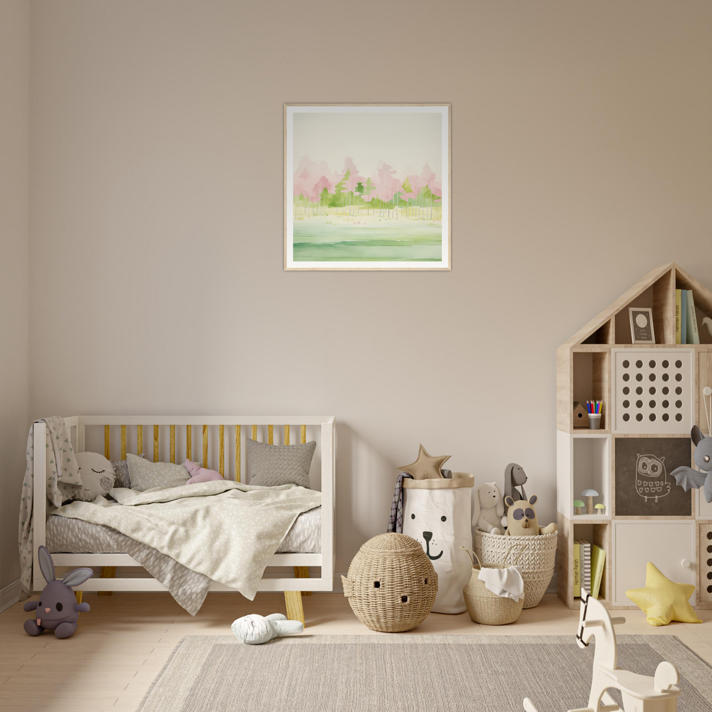 Wooden crib with gray bedding and yellow slats, perfect for nursery decor vibes