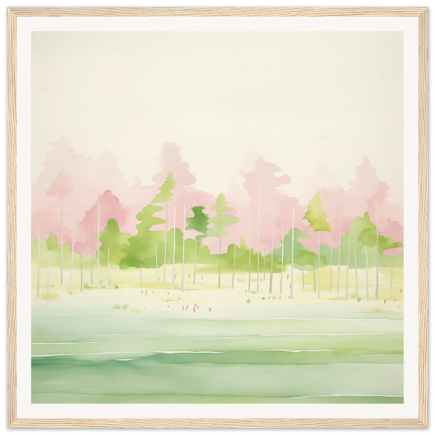 Watercolor painting of a misty forest for nursery wall art in pink and green tones