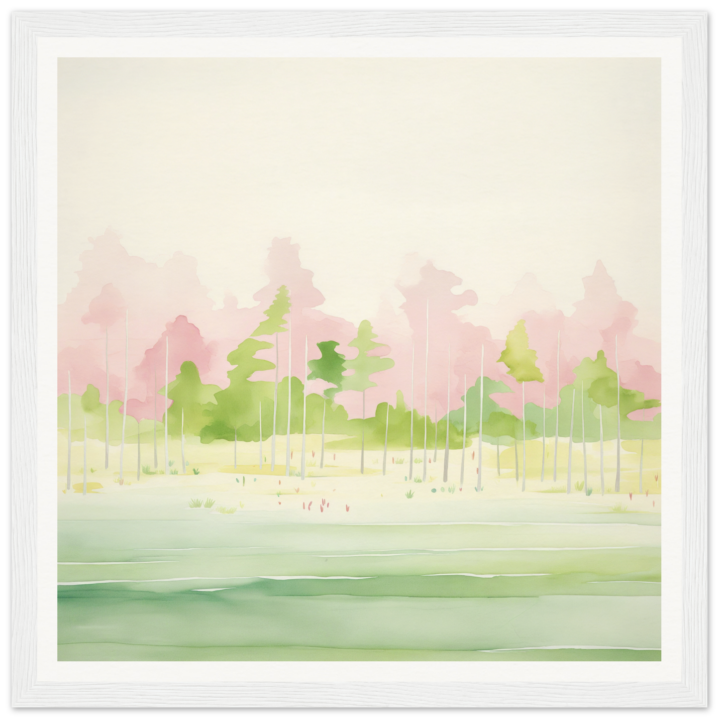 Watercolor painting of trees along a shoreline for nursery wall art or decor
