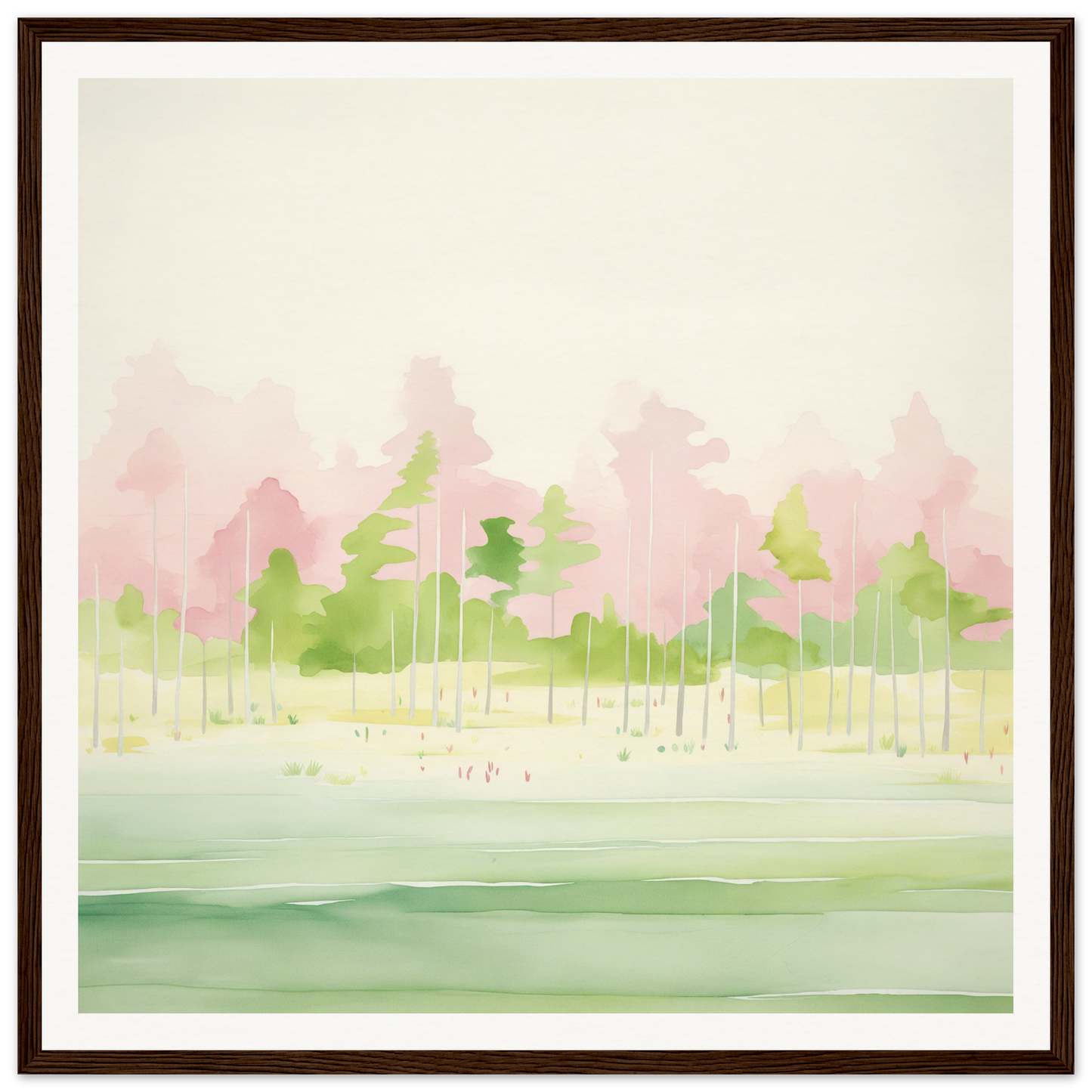 Watercolor misty forest treeline reflection, perfect for nursery wall art or decor