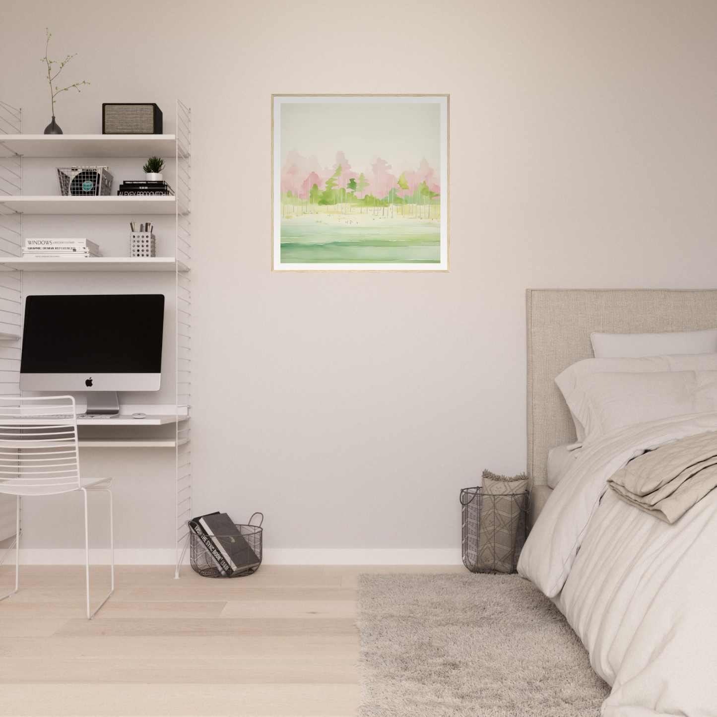 Minimalist bedroom workspace with iMac, perfect for nursery decor and framed poster ideas
