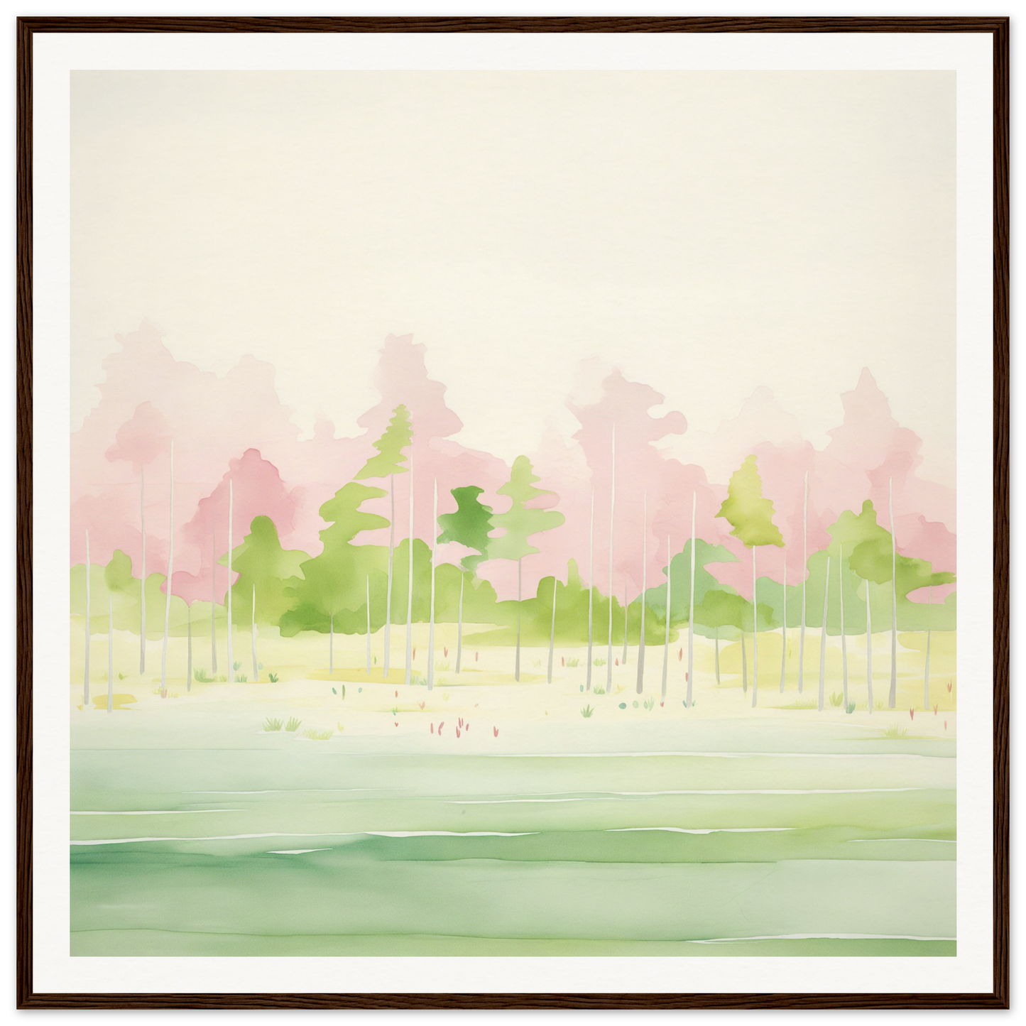 Watercolor painting of a misty forest for nursery wall art or framed poster decor