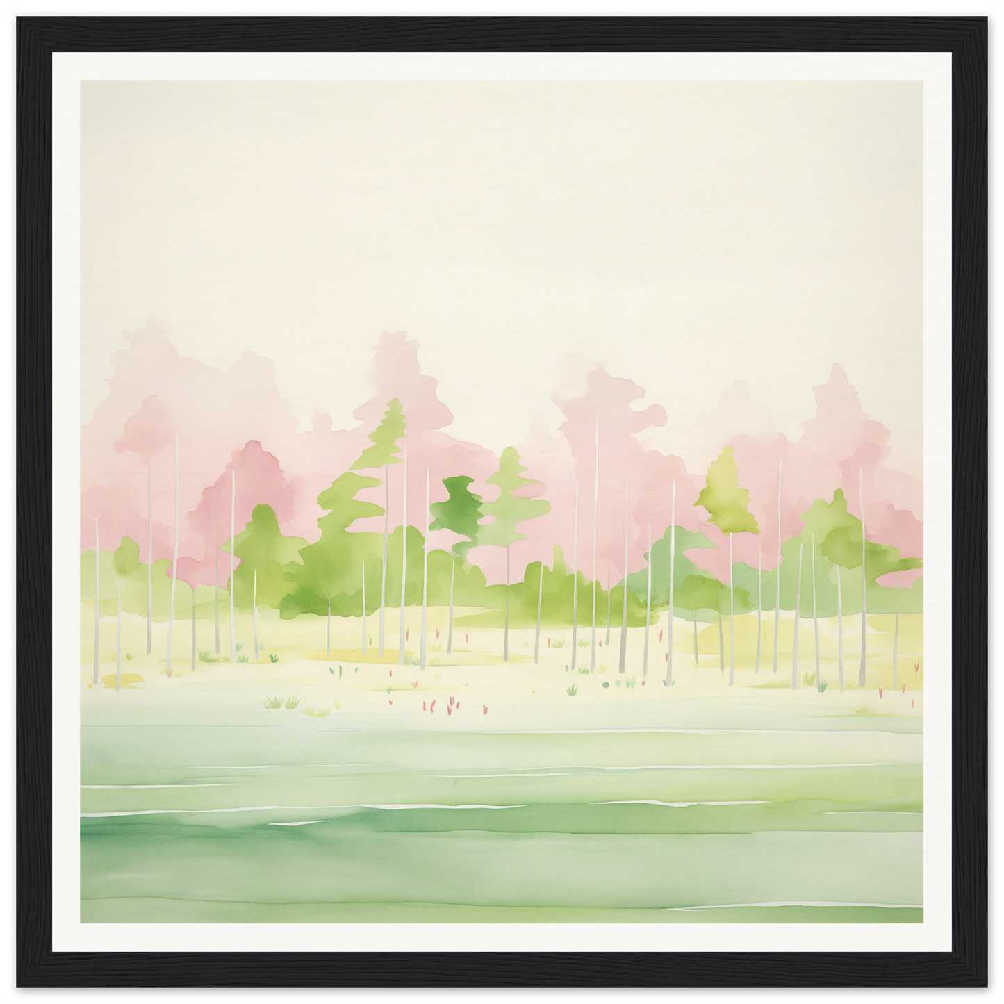 Watercolor painting of a misty treeline for nursery wall art or decor in soft pink and green