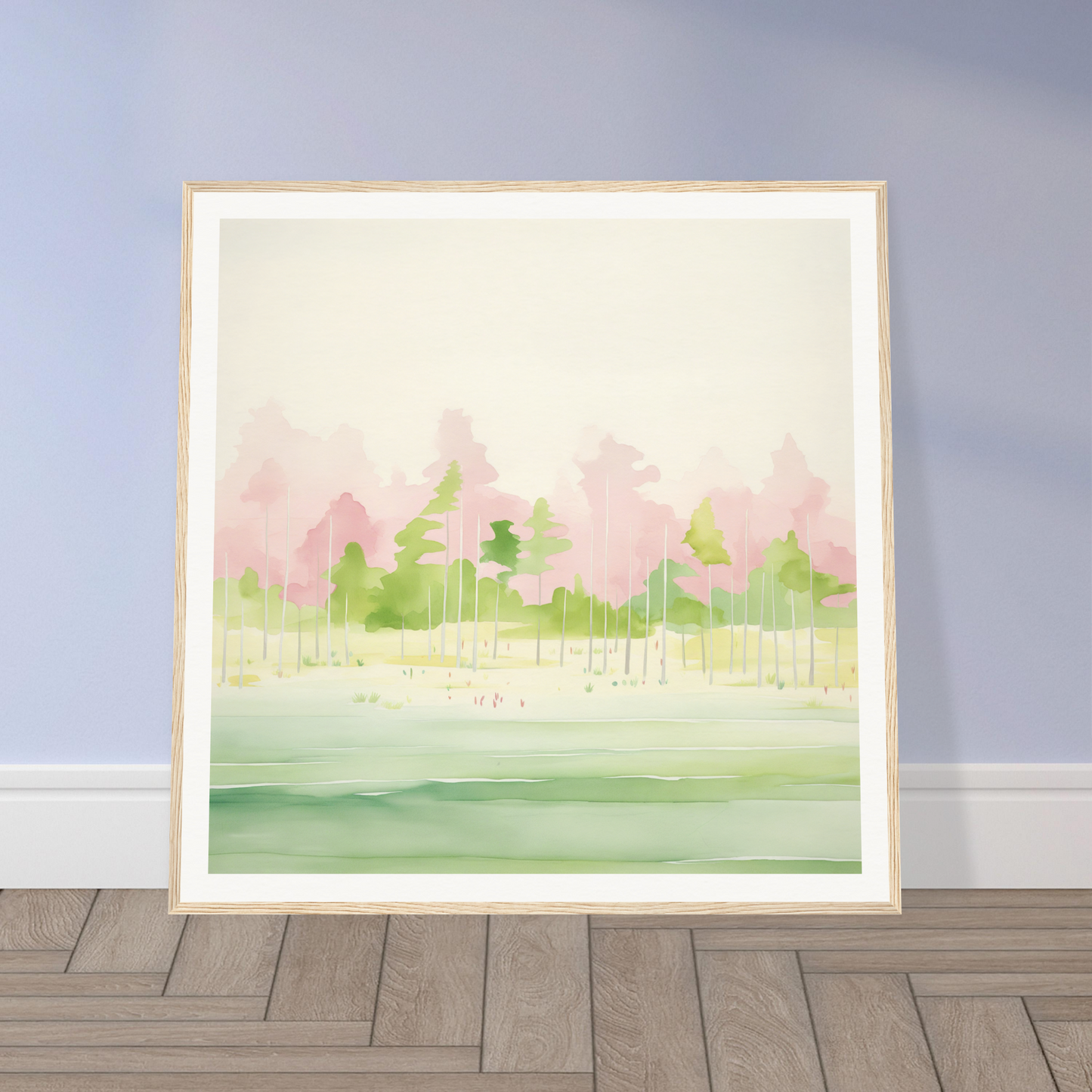 Framed watercolor painting of soft pink and green landscape for nursery wall art