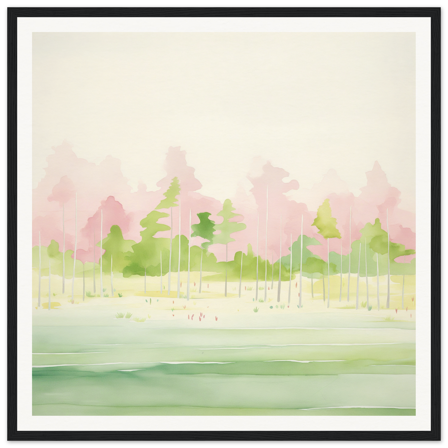 Watercolor painting of a misty treeline perfect for nursery wall art or decor