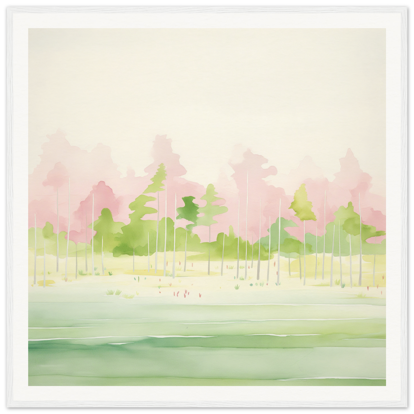 Watercolor painting of a misty forest lakePerfect for nursery wall art or decor