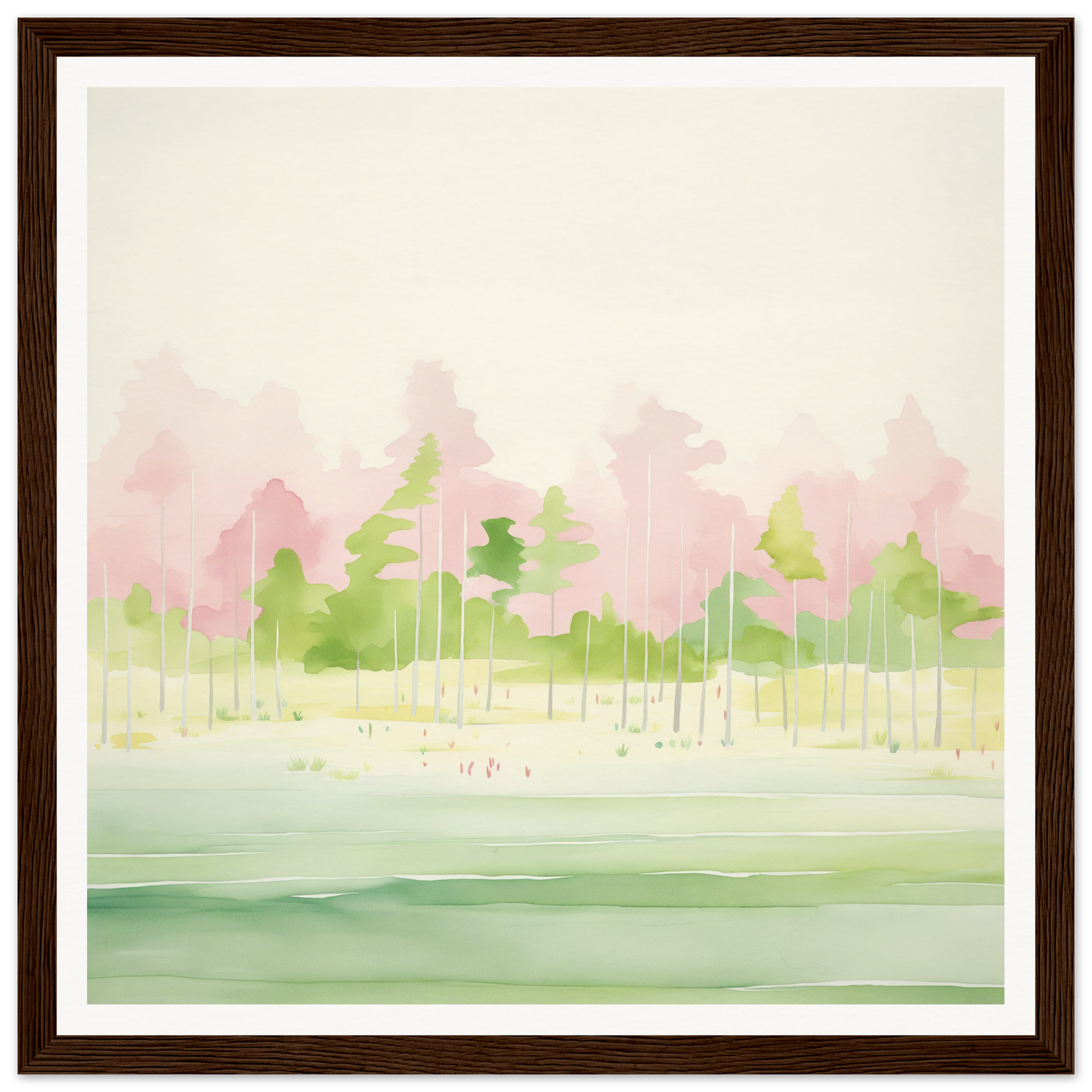 Watercolor misty forest artwork in pink and green for nursery wall art or decor