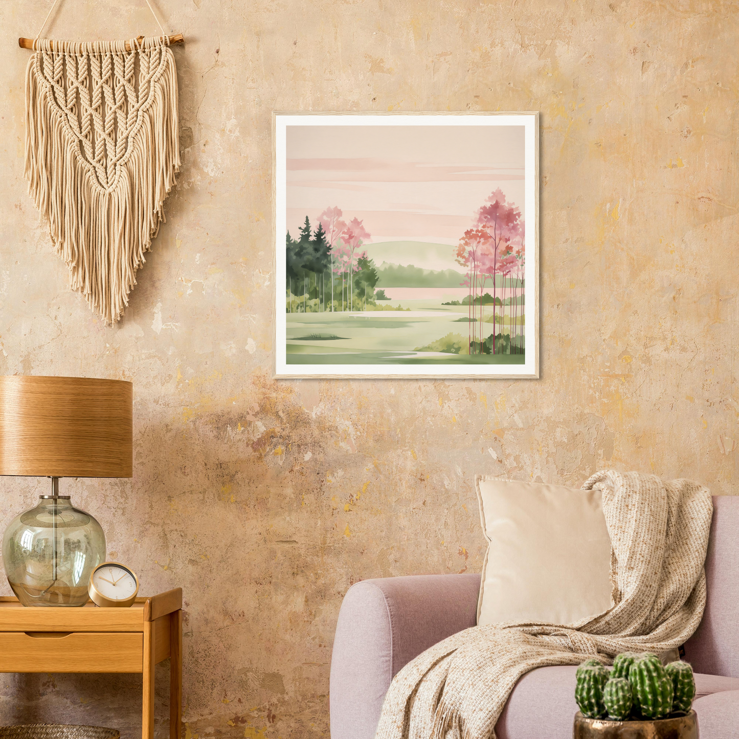 Framed watercolor landscape painting for nursery wall art with trees and pink sky