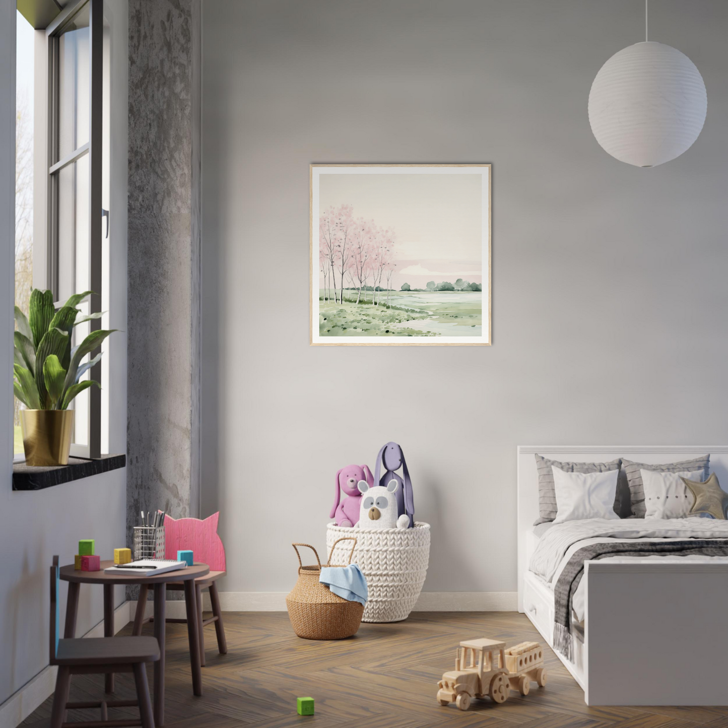 Modern bedroom with minimalist decor, perfect for nursery wall art and framed poster ideas
