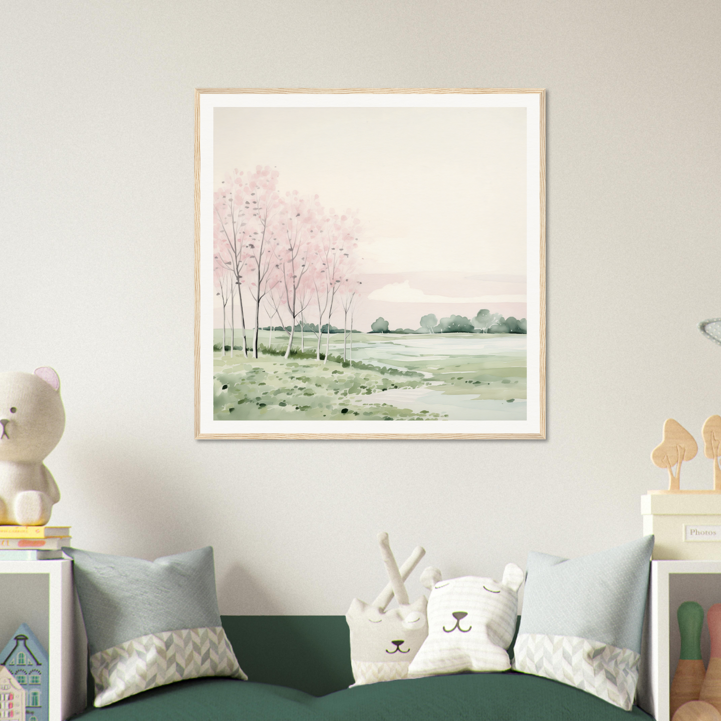 Framed watercolor painting of a serene landscape for nursery wall art decor