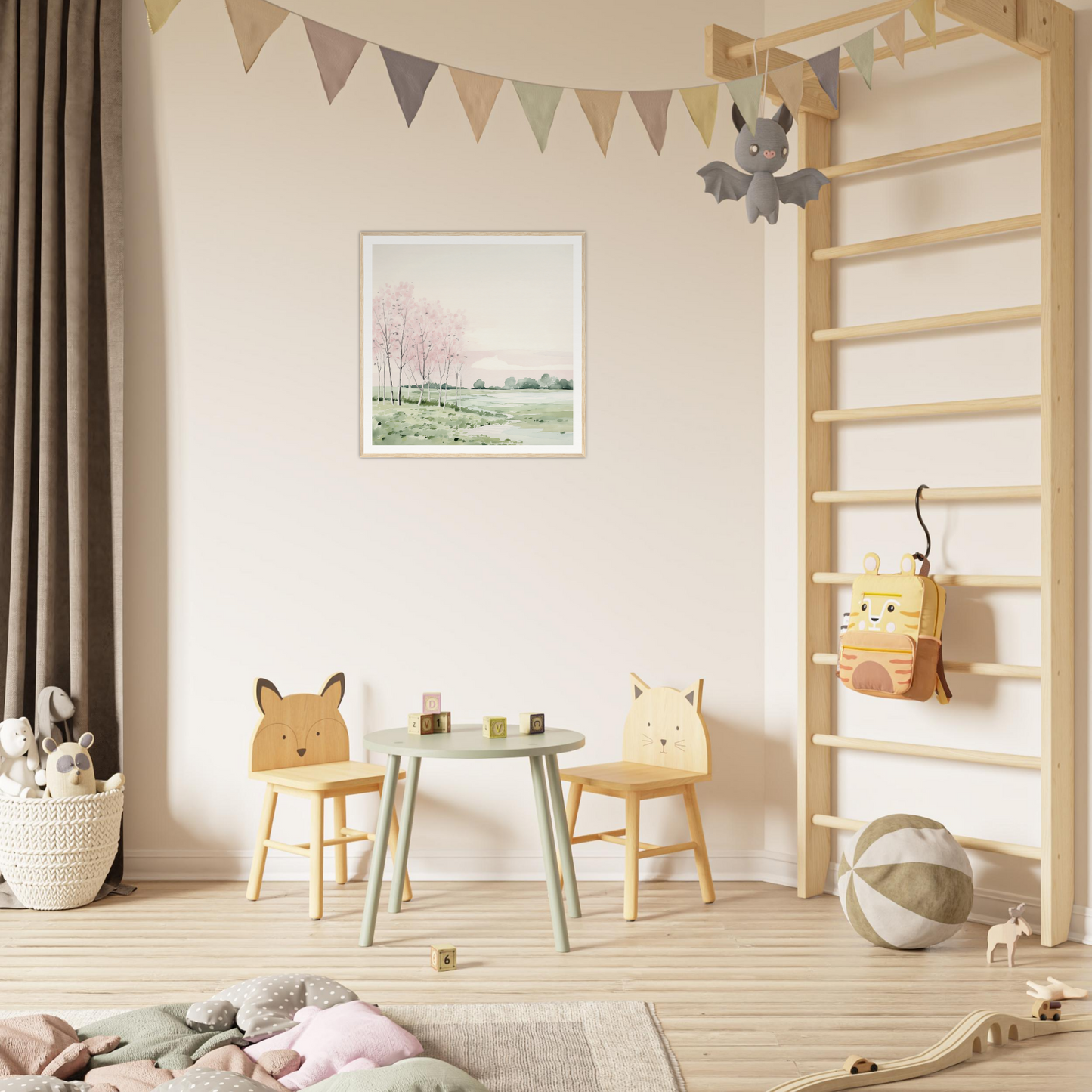Children’s play area with wooden animal chairs and mint green table for nursery decor