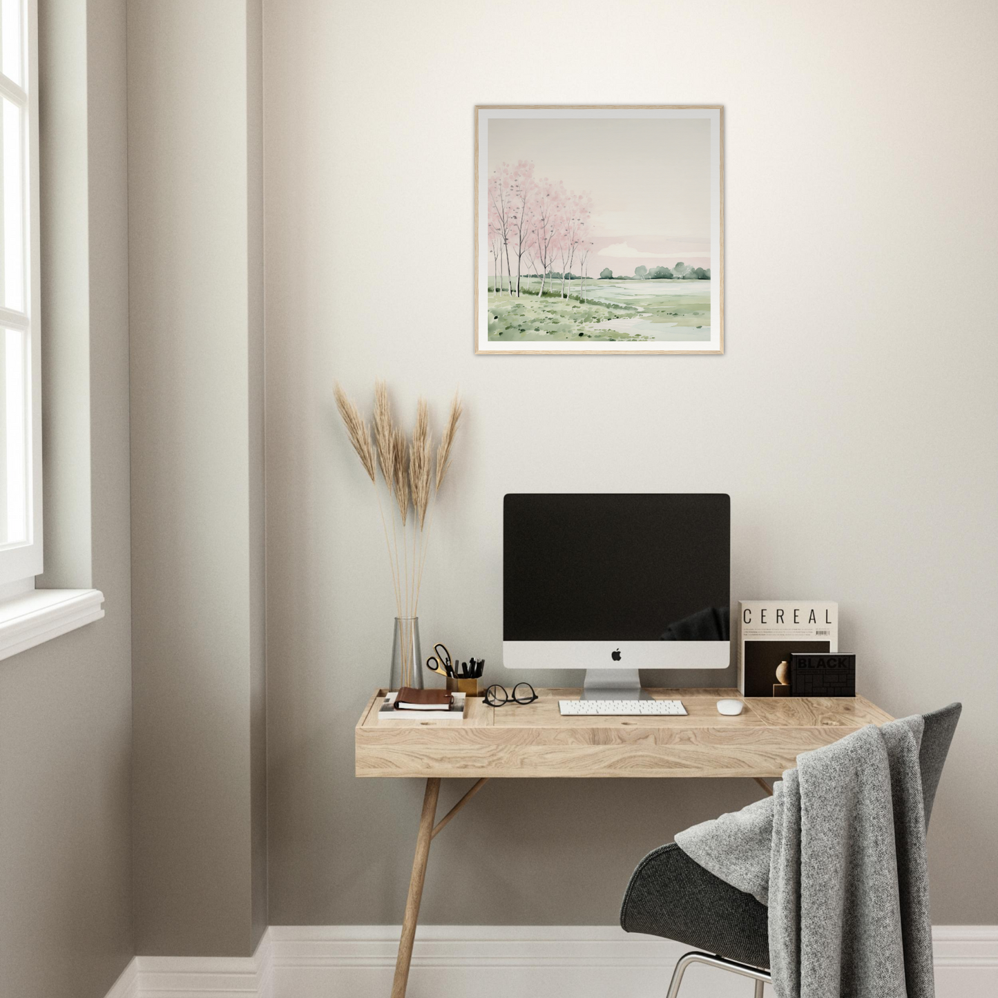 Minimalist wooden desk with iMac, perfect for stylish nursery decor or framed poster