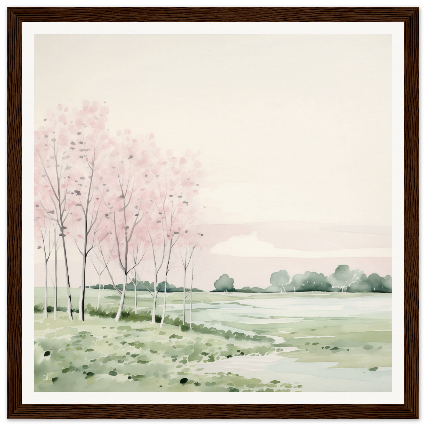 Watercolor painting of serene landscape with bare trees for nursery wall art