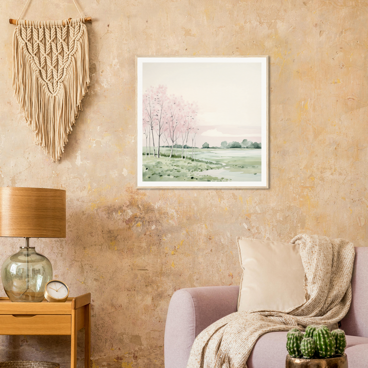 Cozy reading nook with pink armchair and nursery wall art for stylish nursery decor