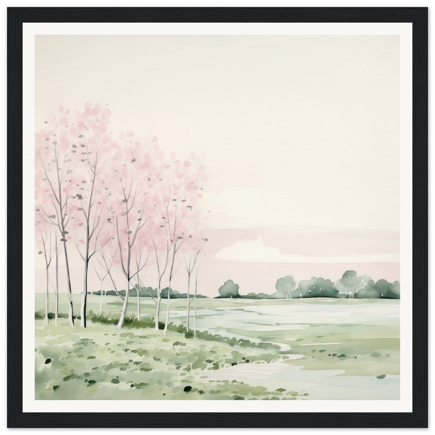 Watercolor painting of birch trees in a misty landscape for nursery wall art
