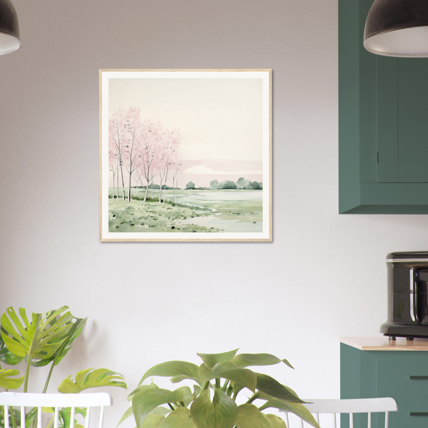 Framed watercolor landscape painting of bare trees, perfect nursery wall art
