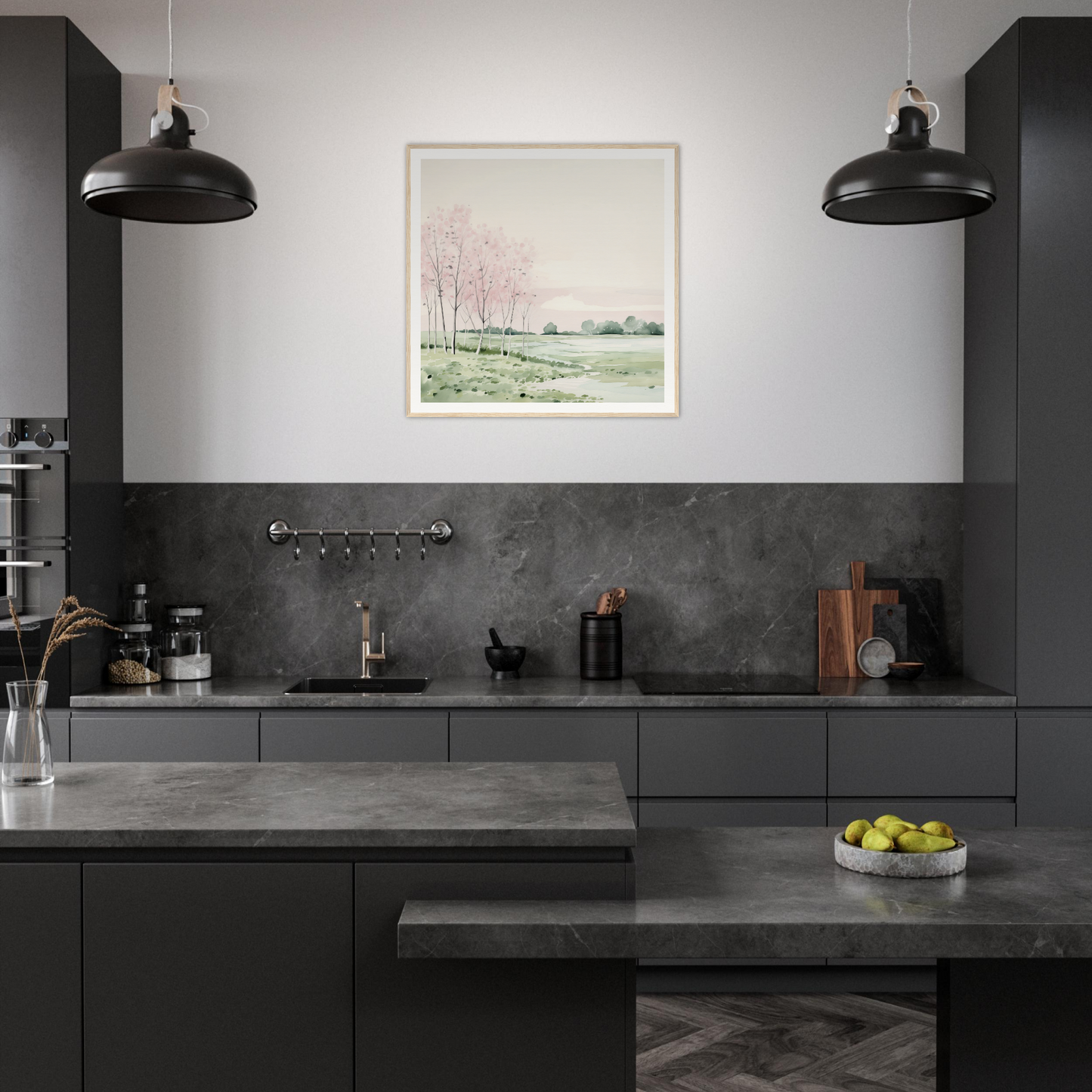 Modern dark grey kitchen featuring industrial pendant lights and nursery wall art