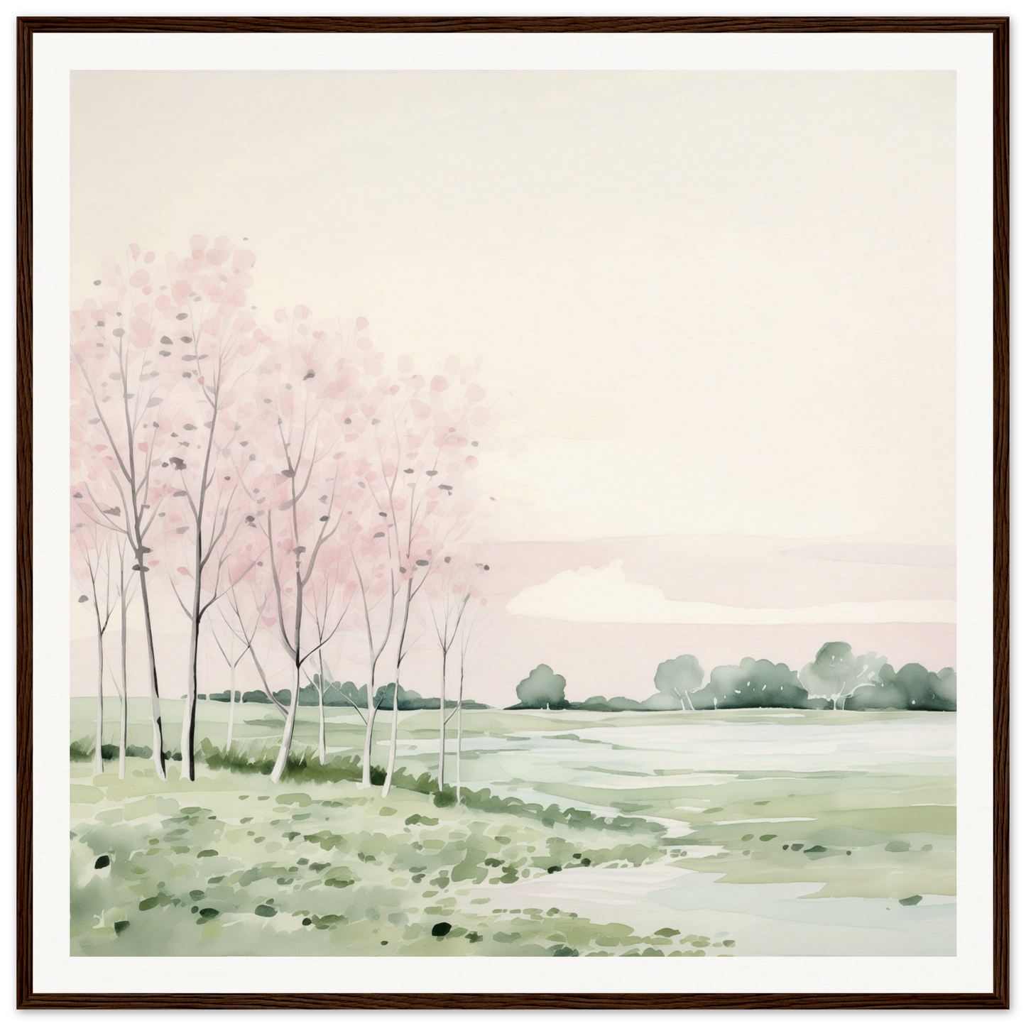 Watercolor painting of bare trees in misty landscape for nursery wall art or decor