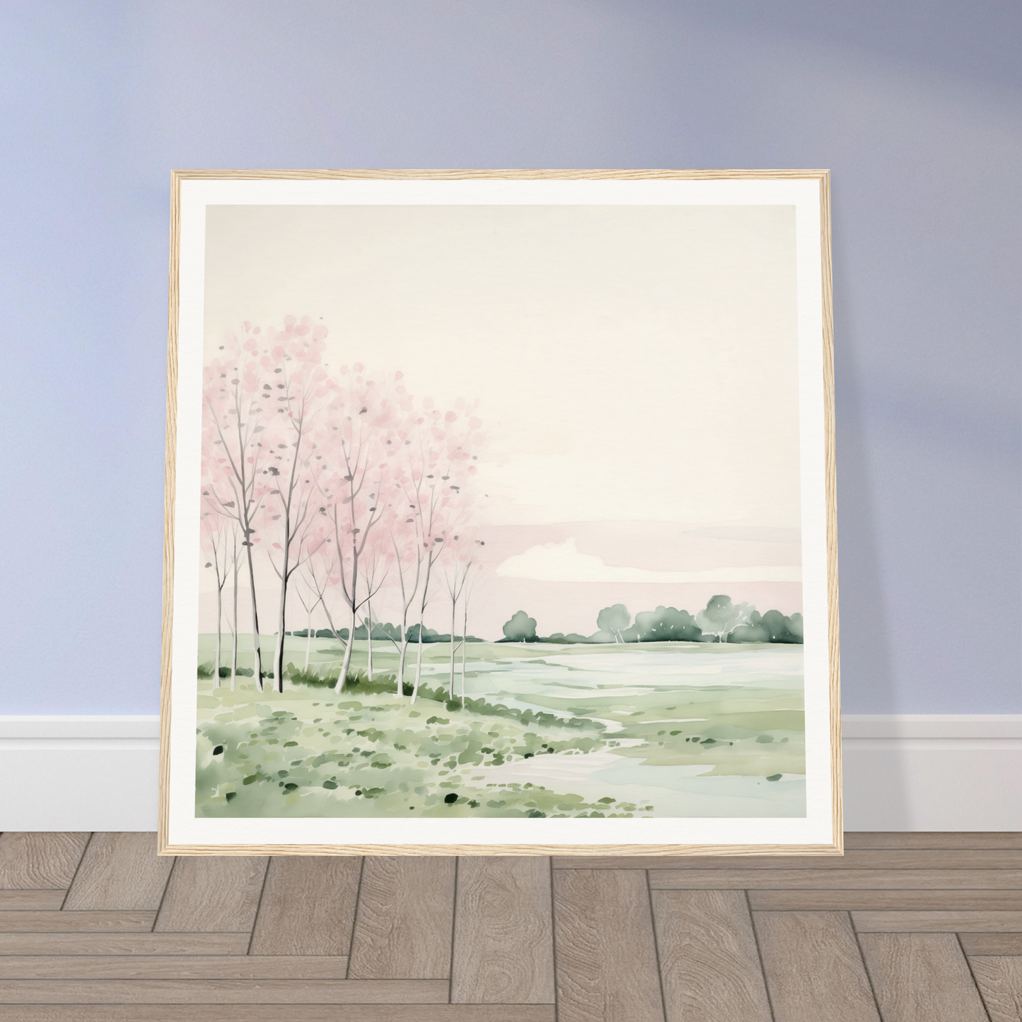 Framed watercolor of a misty landscape, perfect for nursery wall art or decor