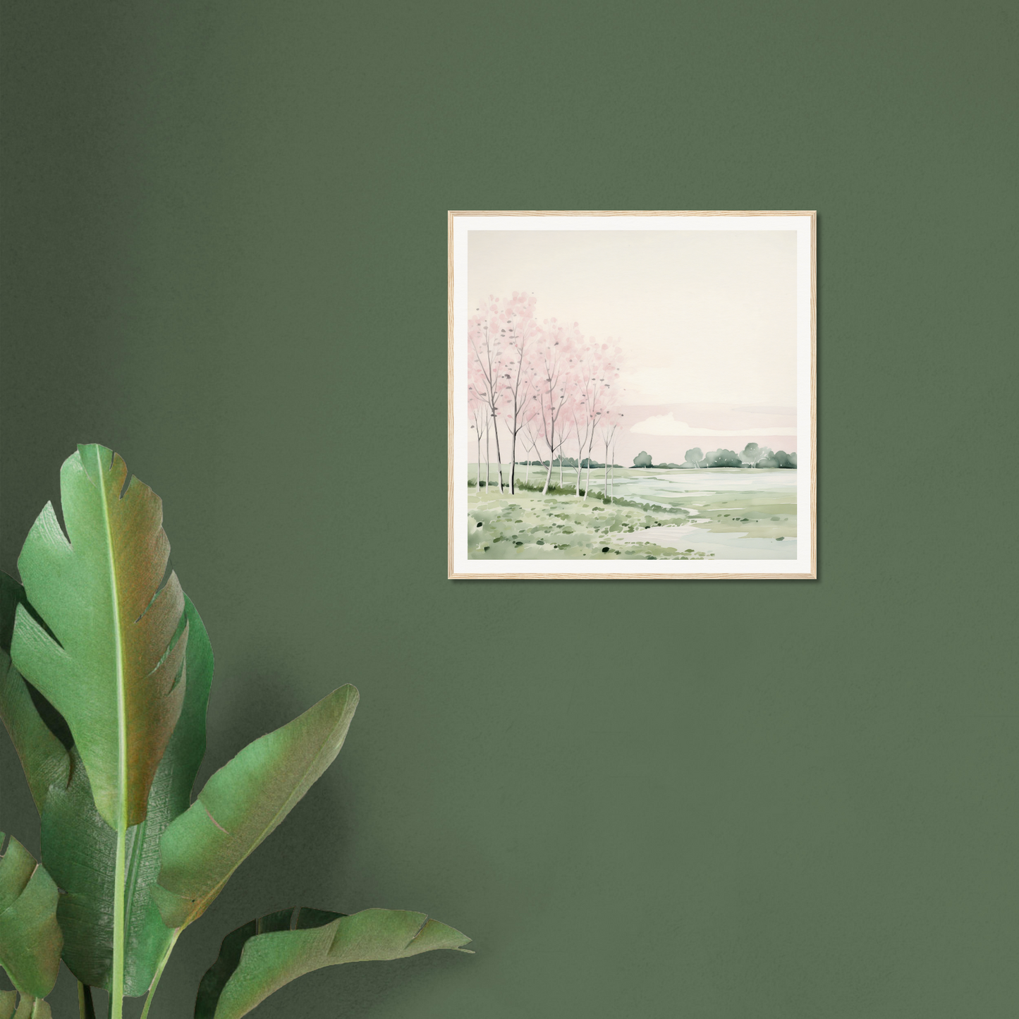 Framed watercolor landscape with bare trees, perfect for nursery wall art decor