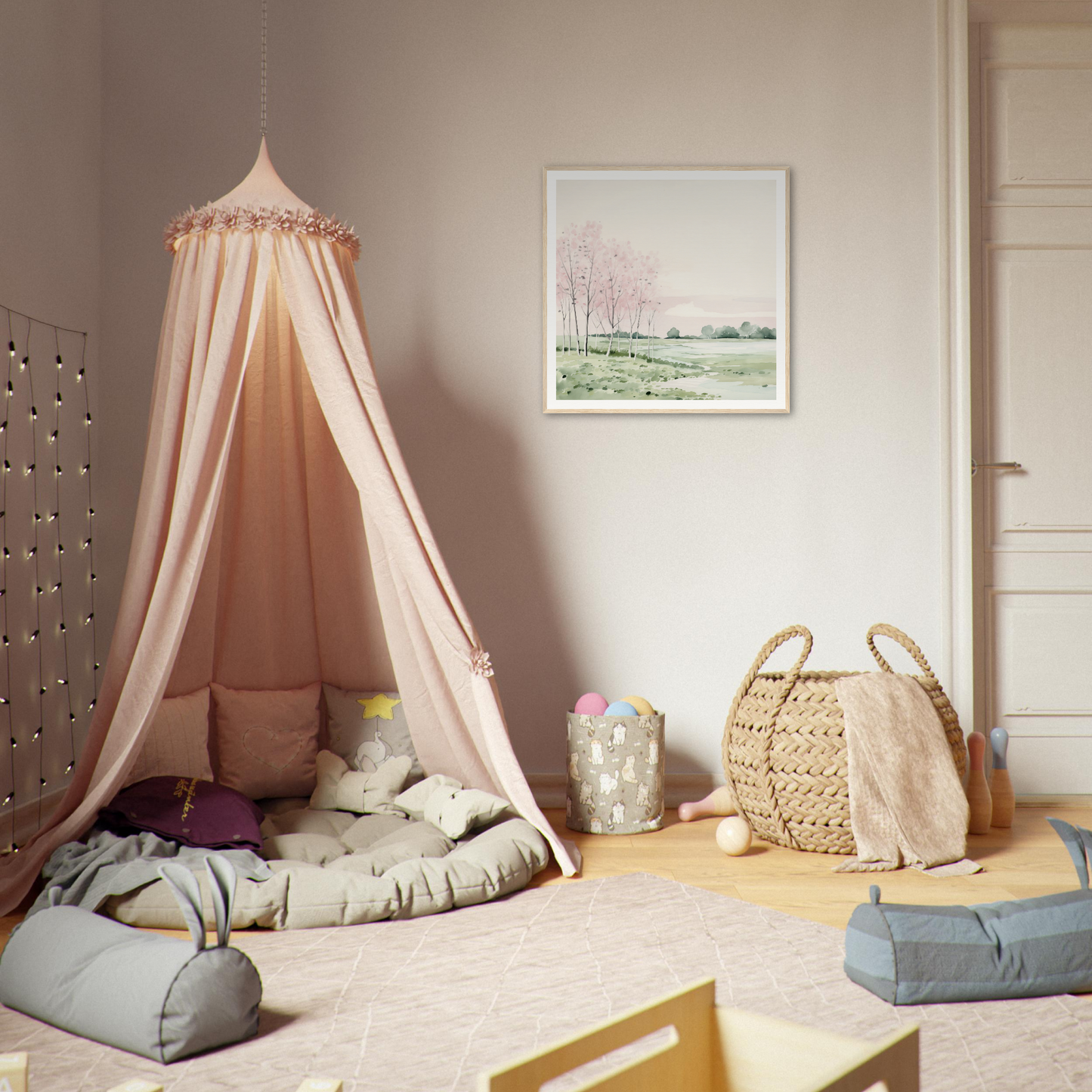Cozy pink fabric canopy tent with cushions, perfect for playful nursery decor vibes