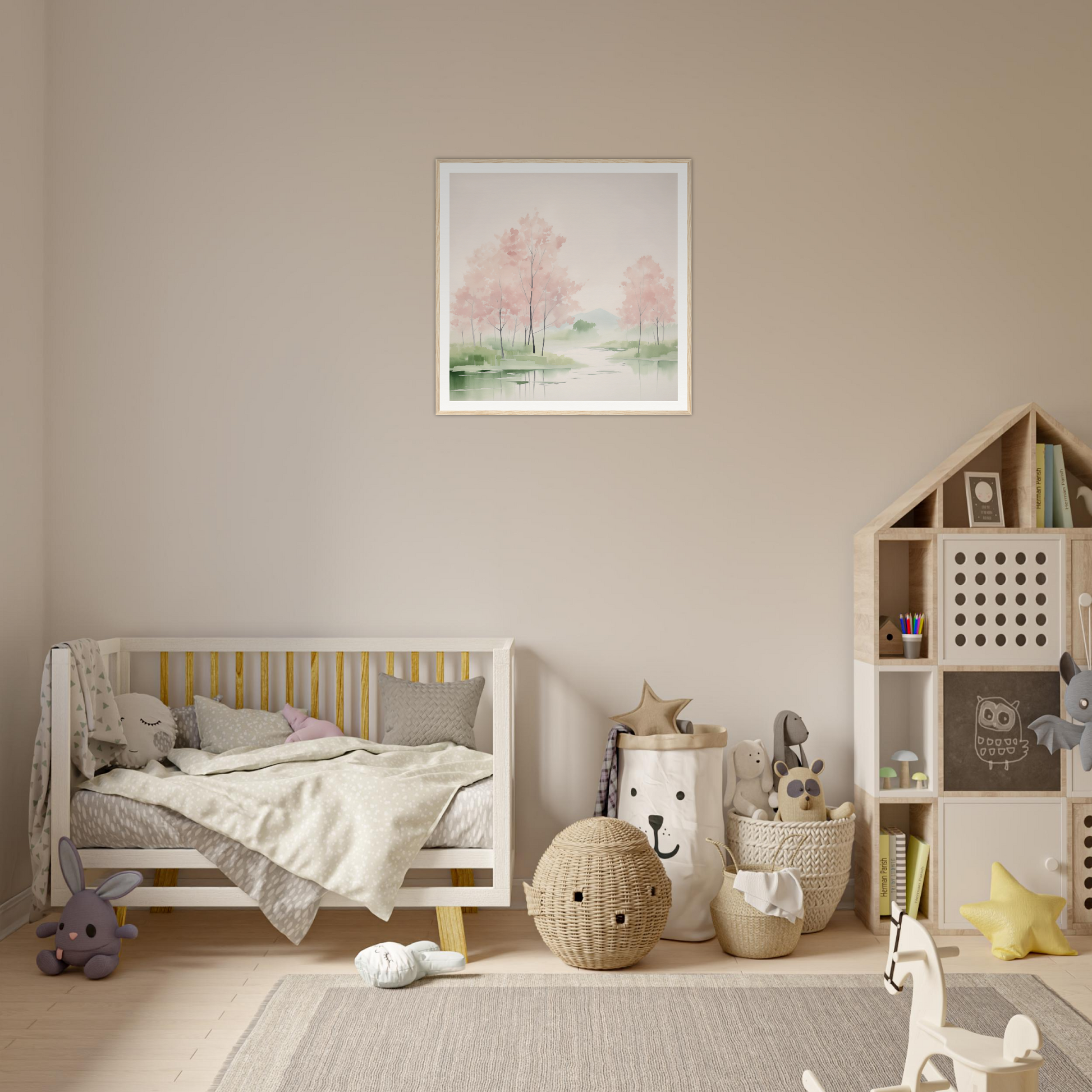 Wooden crib with gray bedding and yellow accents perfect for nursery decor and wall art