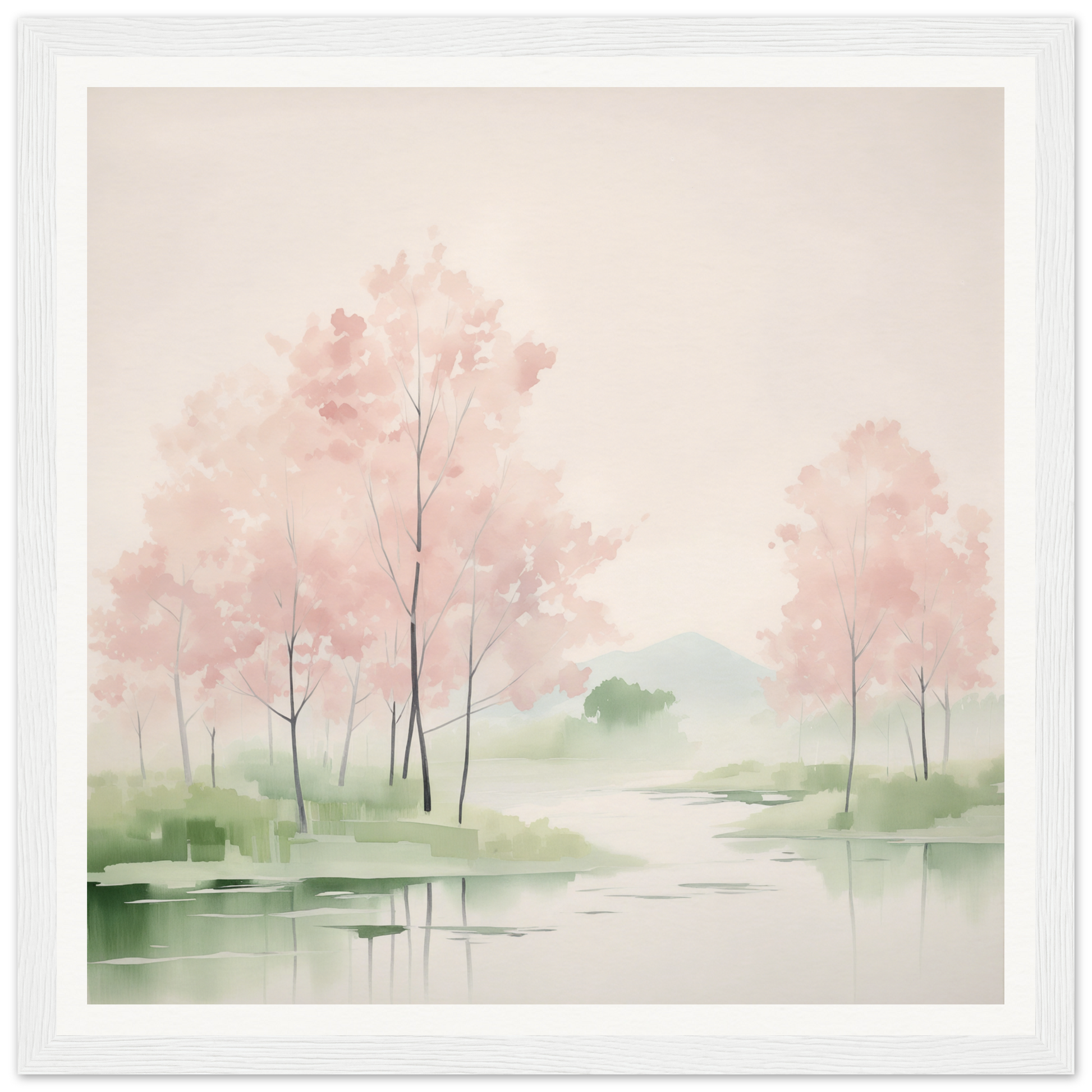 Watercolor painting of pink cherry blossoms in a pond for nursery wall art