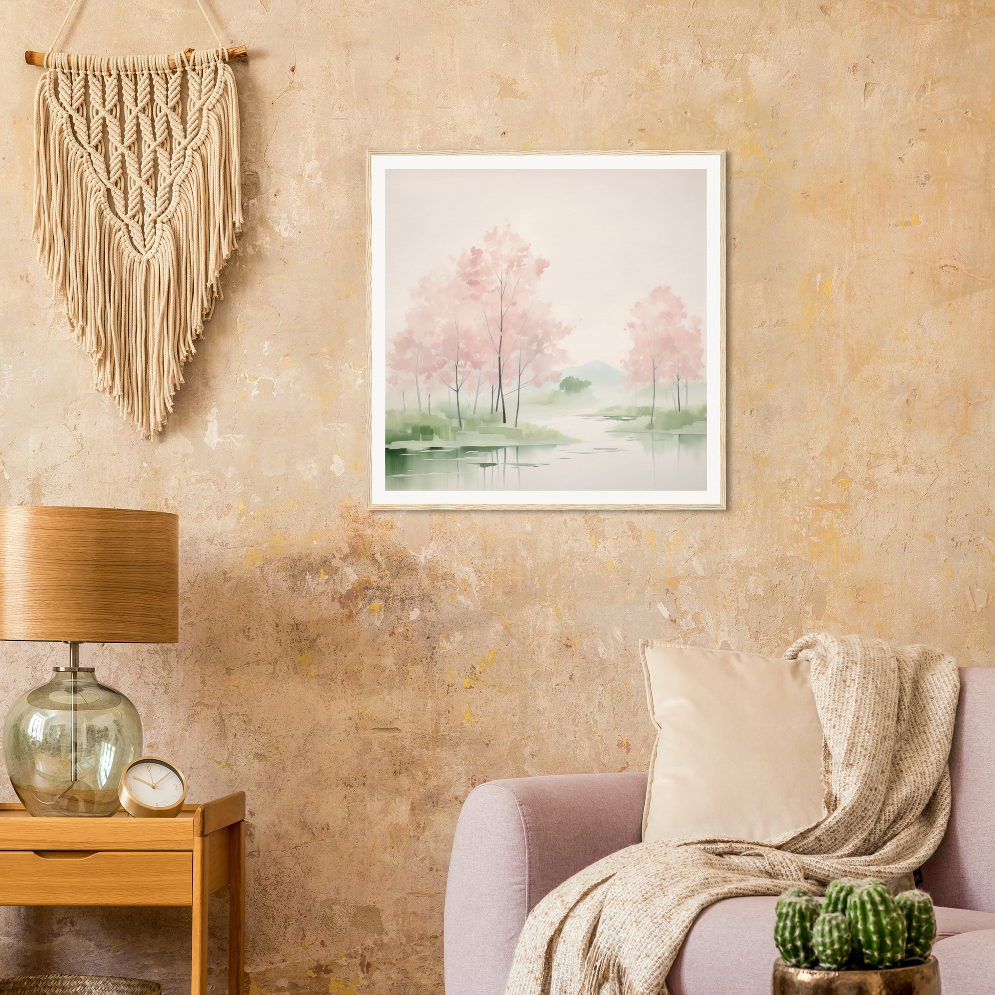Macramé wall hanging in beige with geometric patterns, perfect for nursery decor