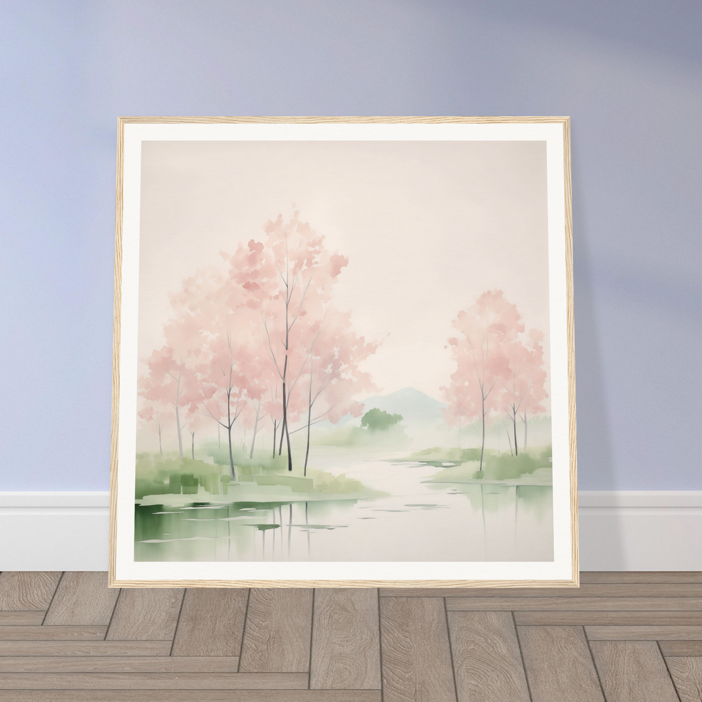 Framed watercolor painting of pink trees for nursery wall art or decor