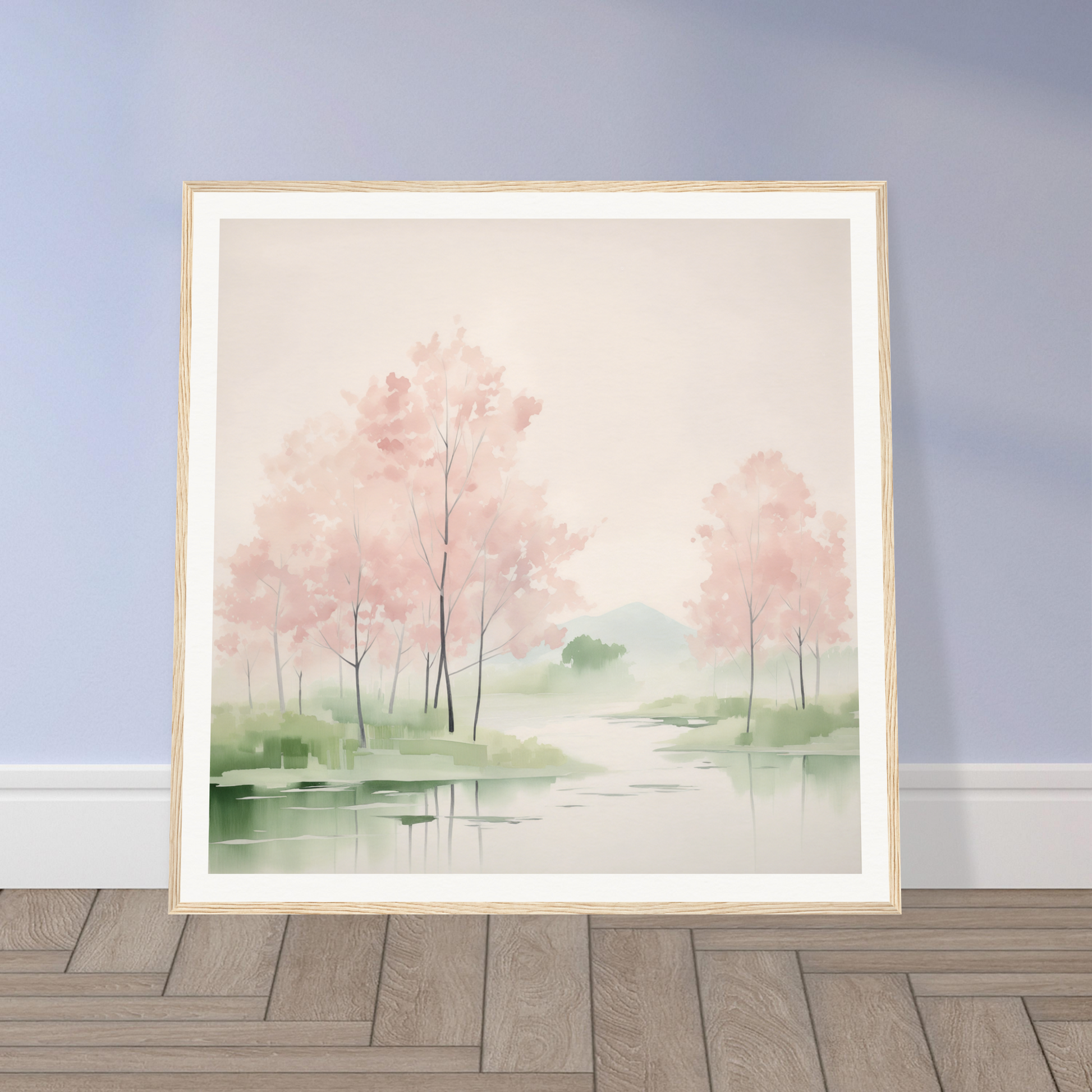 Framed watercolor painting of pink trees for nursery wall art or decor