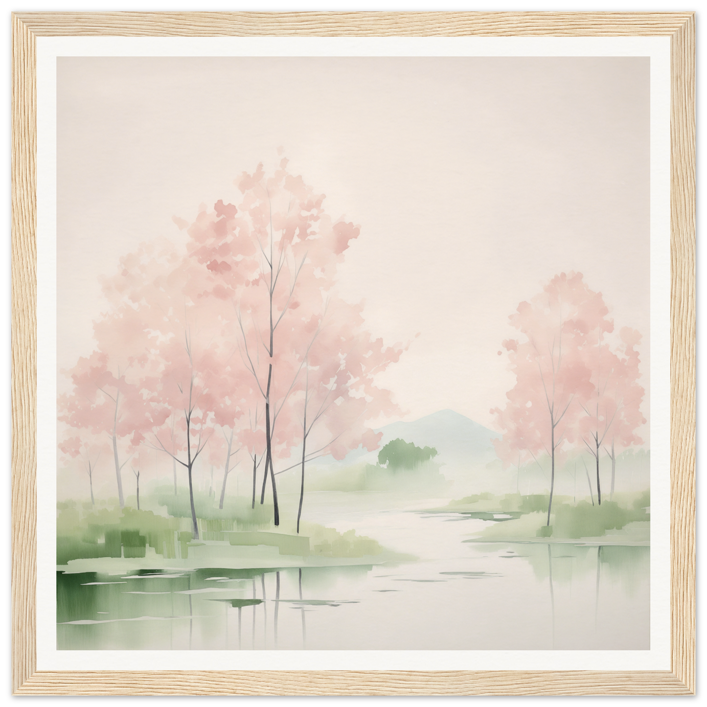 Watercolor painting of a misty spring landscape for nursery wall art or decor