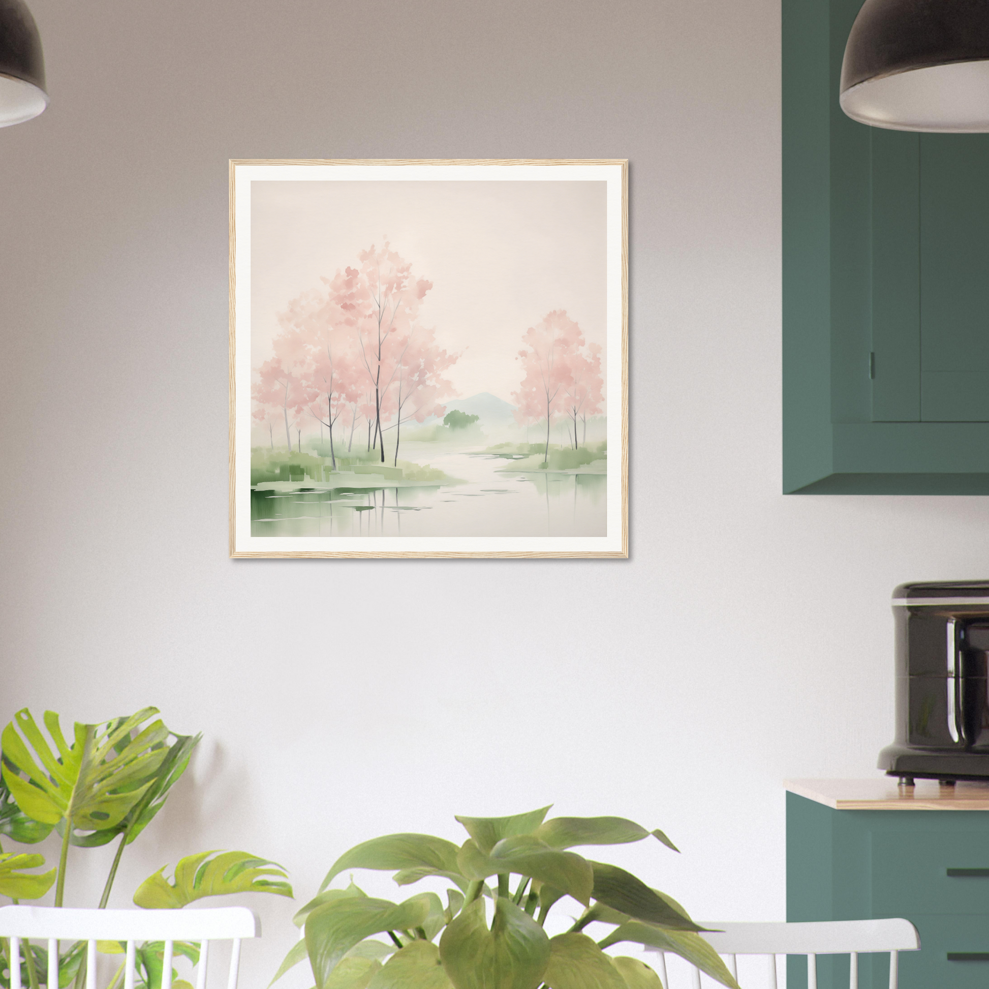 Framed watercolor painting of pink trees in a misty landscape for nursery decor