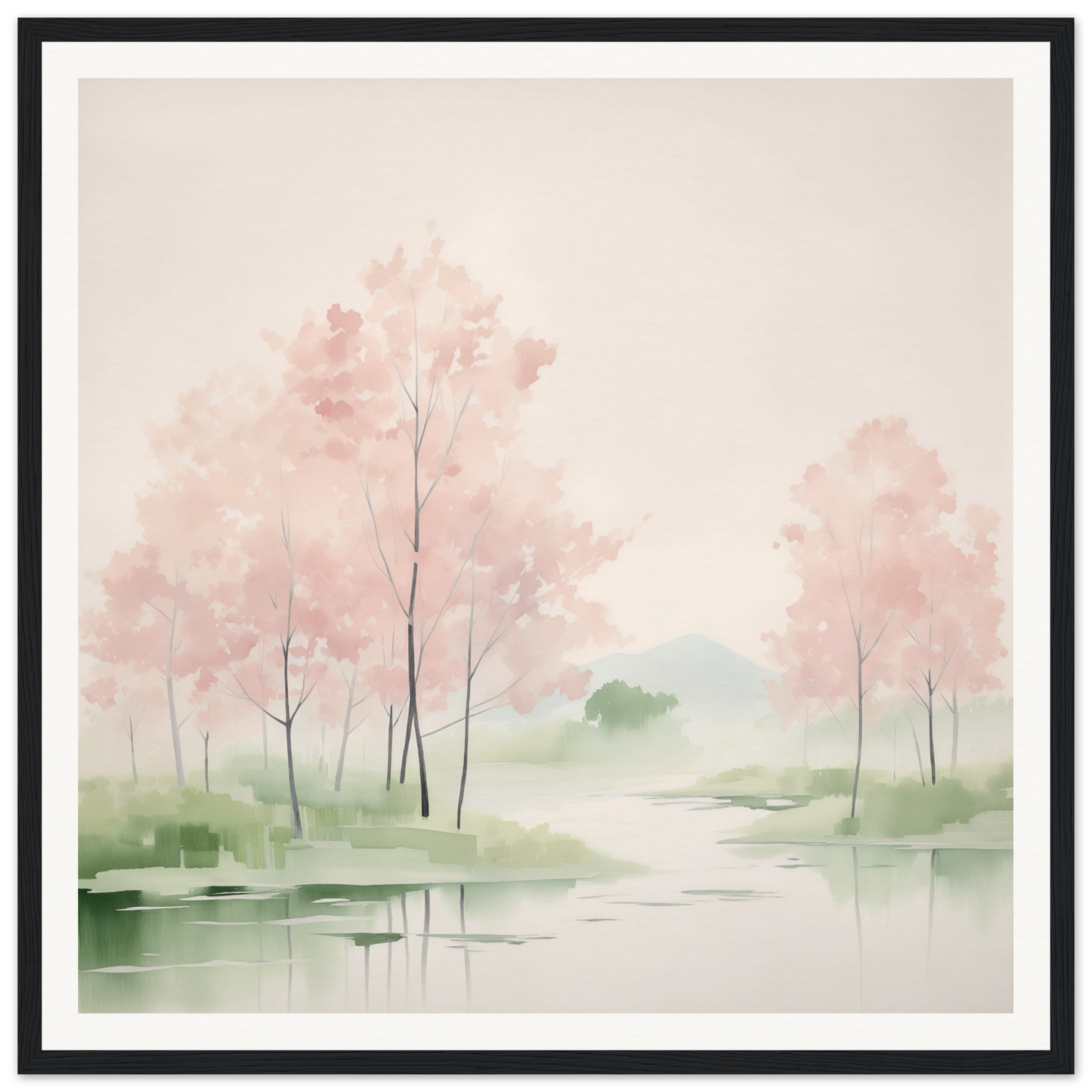 Watercolor painting of misty trees reflecting in calm water for nursery wall art