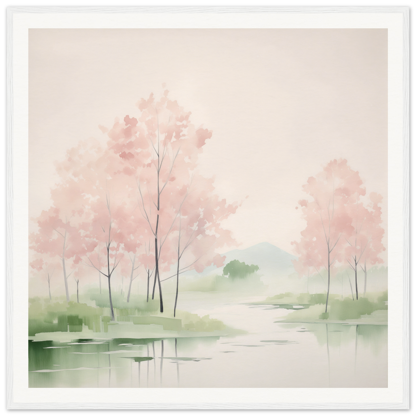 Watercolor painting of pink cherry blossoms reflecting in calm water for nursery decor