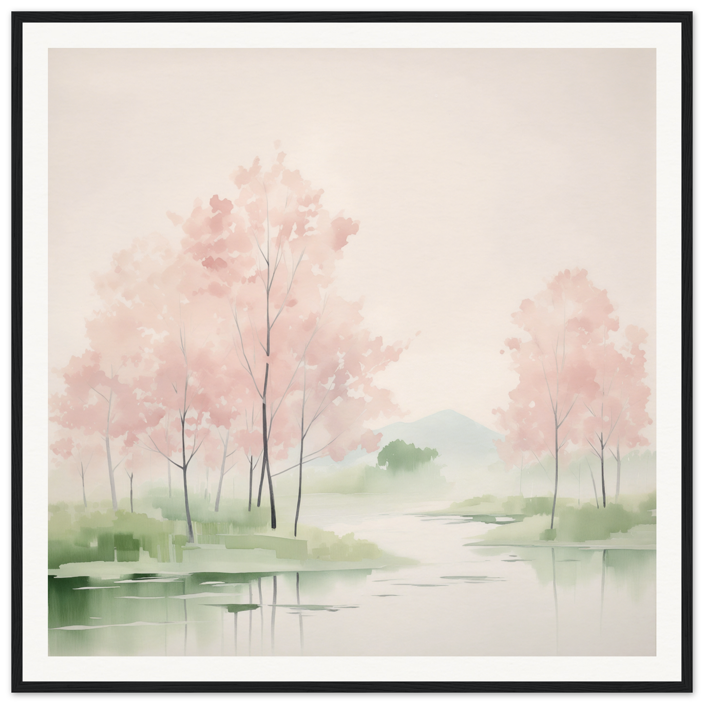 Watercolor cherry blossoms reflected in water, perfect for nursery decor or wall art