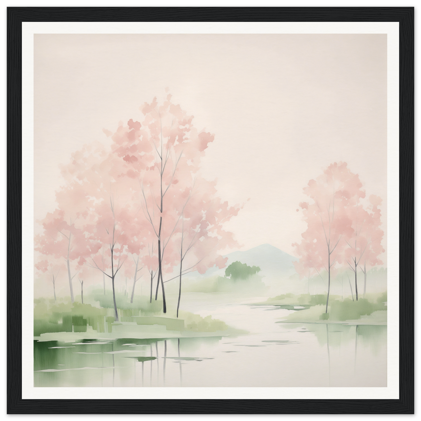 Watercolor pink cherry blossoms in a misty pond, perfect for nursery wall art